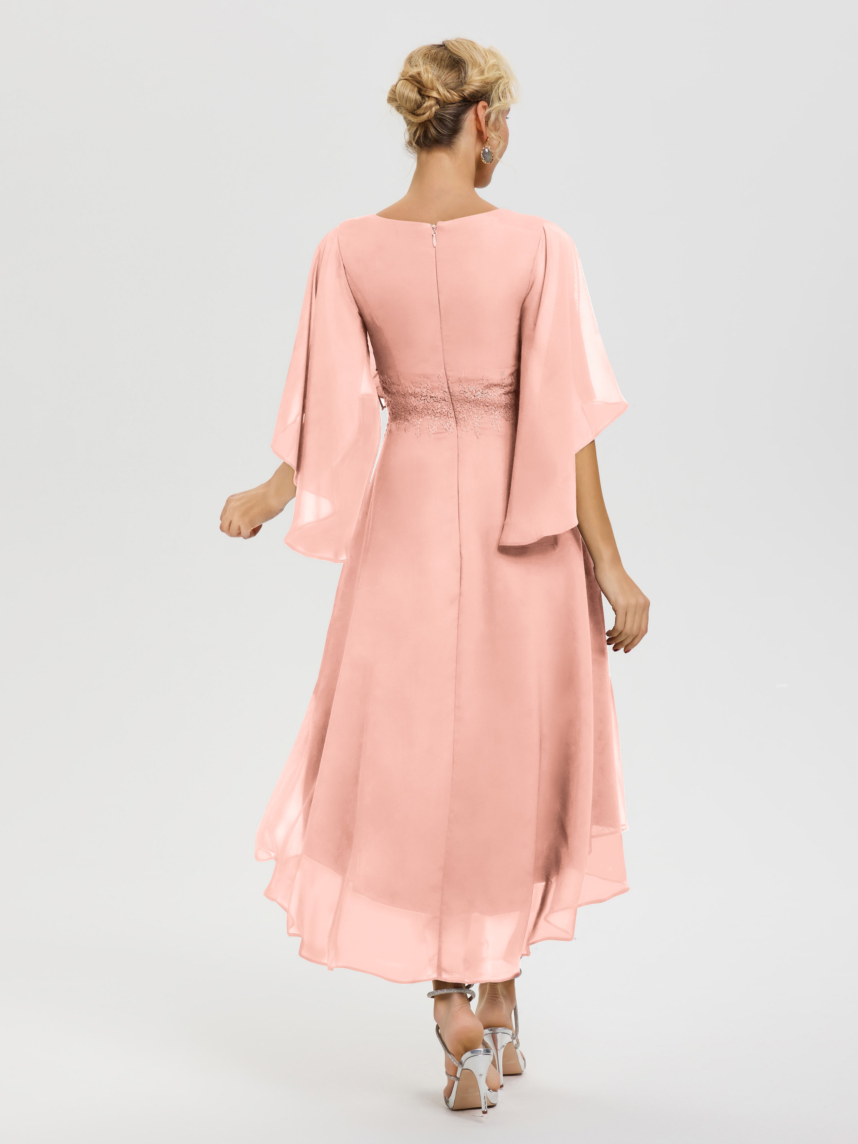 Robe Pour Mère De Mariée Corail Col-V-Mousseline-Dentelle-Manches-Asymetrique-Robe-Pour-Mere-De-Mariee