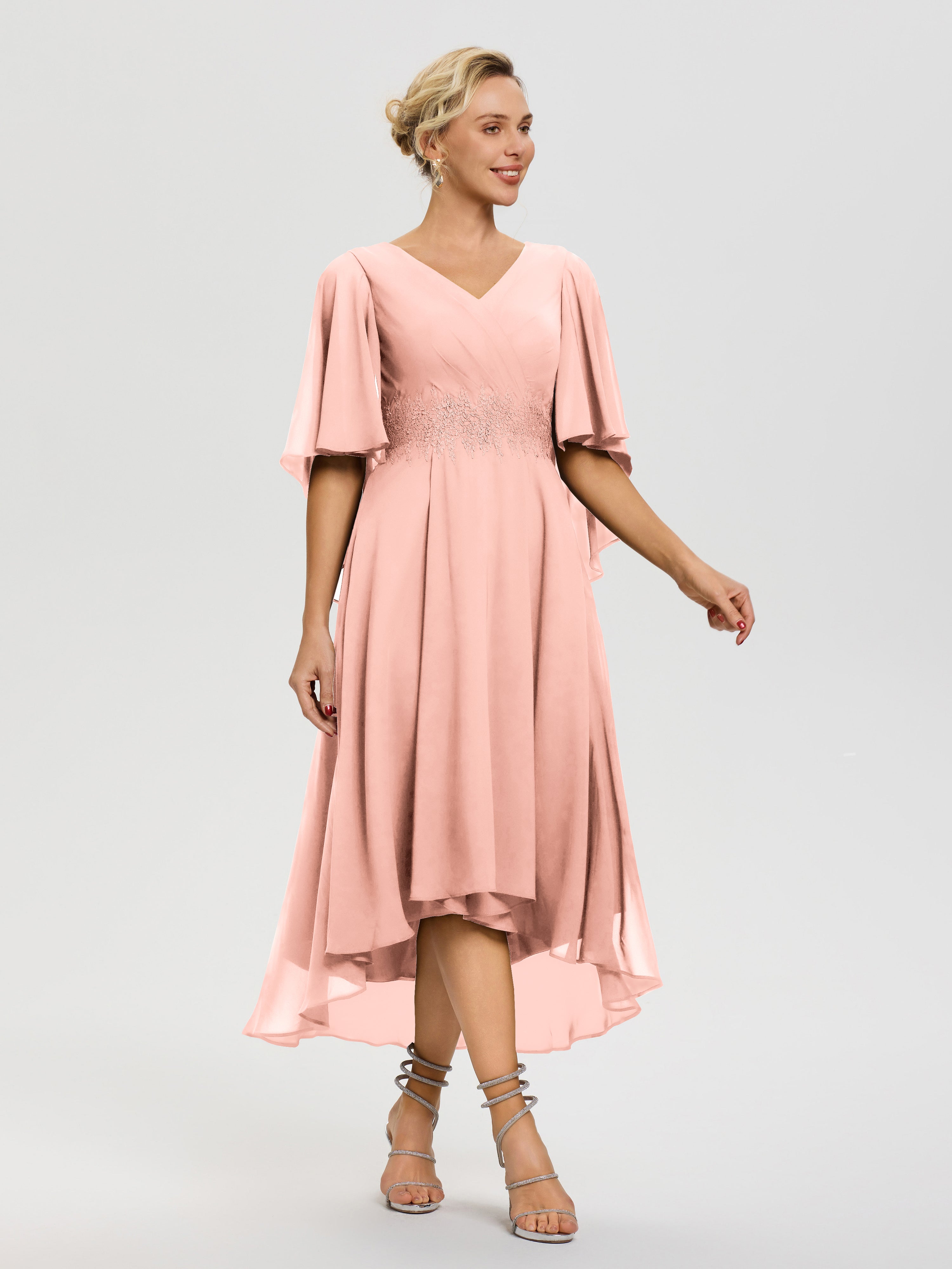 Robe Pour Mère De Mariée Corail Col-V-Mousseline-Dentelle-Manches-Asymetrique-Robe-Pour-Mere-De-Mariee