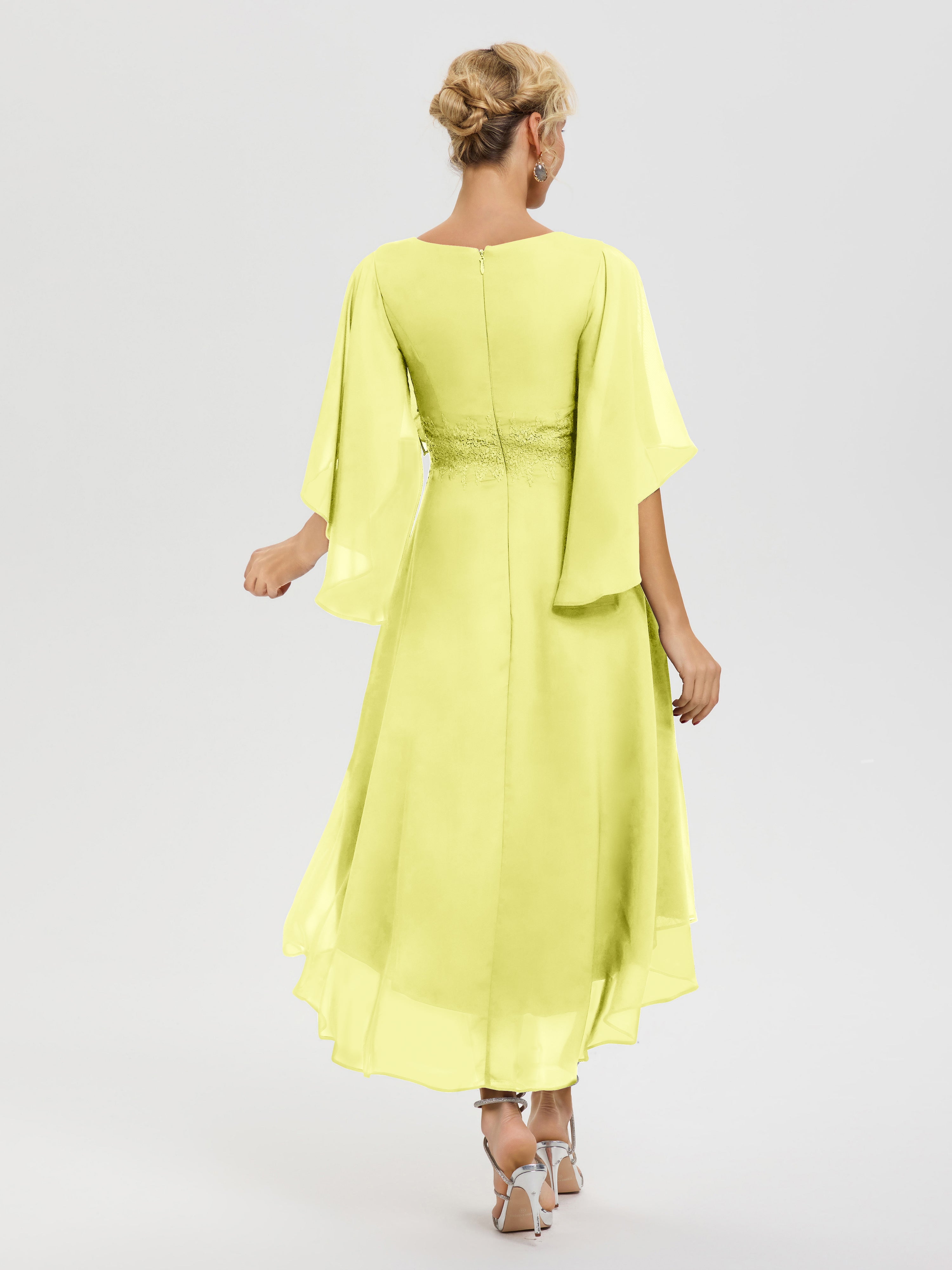 Robe Mère Mariée Jonquille Col V Mousseline & Dentelle Manches Asymétrique Robe Pour Mère De Mariée