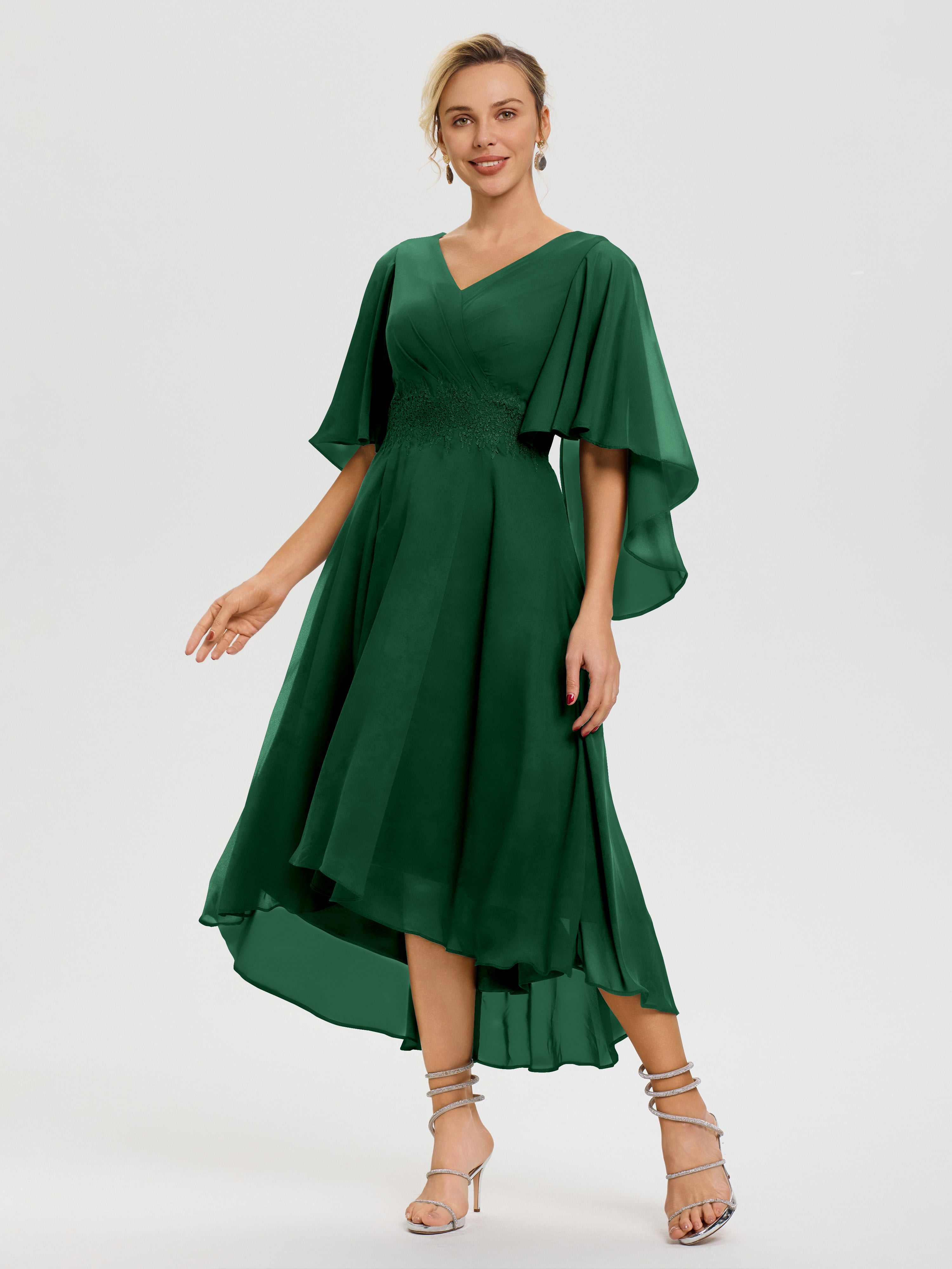 Robe Mère De La Mariee Vert Foncé Col V Mousseline & Dentelle Manches Asymétrique Robe Pour Mère De Mariée