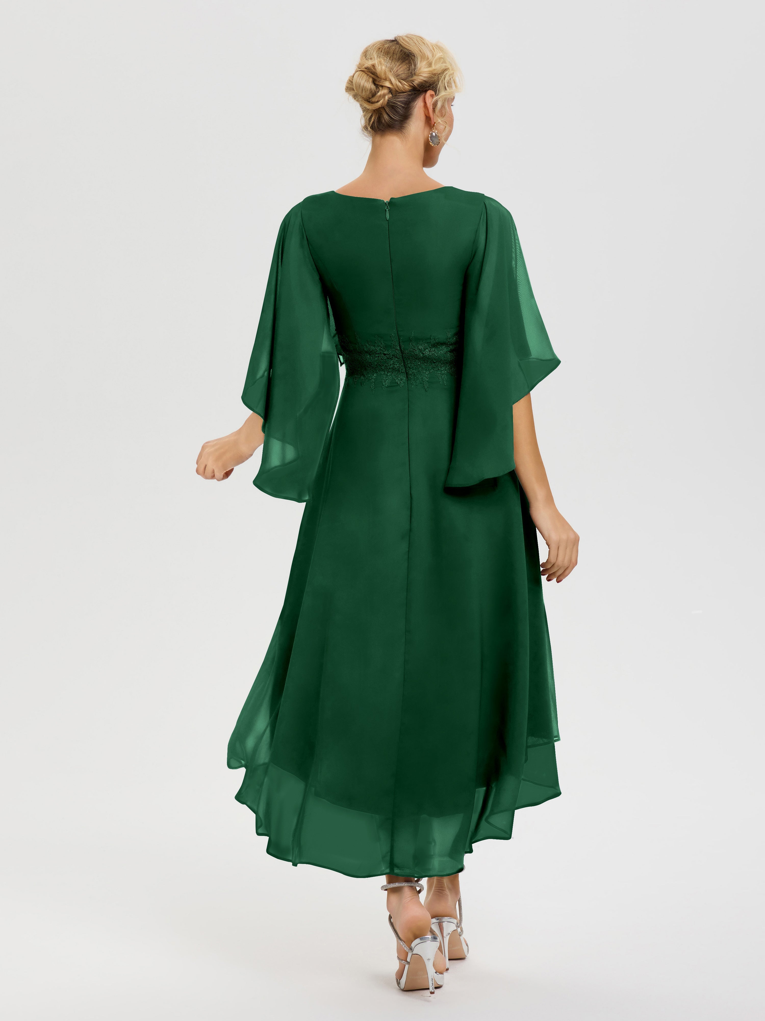 Robe Mère De La Mariee Vert Foncé Col V Mousseline & Dentelle Manches Asymétrique Robe Pour Mère De Mariée