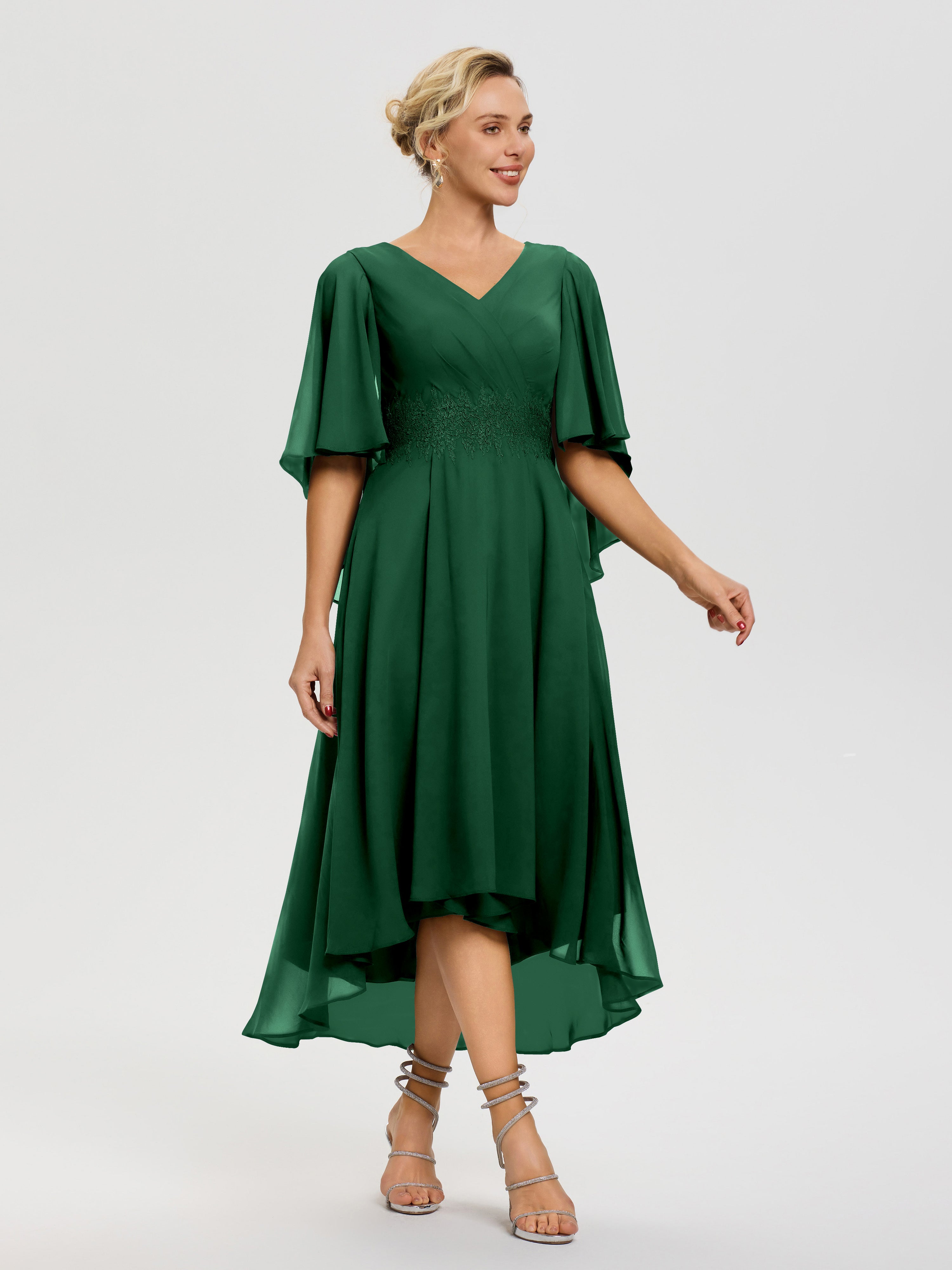 Robe Mère De La Mariee Vert Foncé Col V Mousseline & Dentelle Manches Asymétrique Robe Pour Mère De Mariée