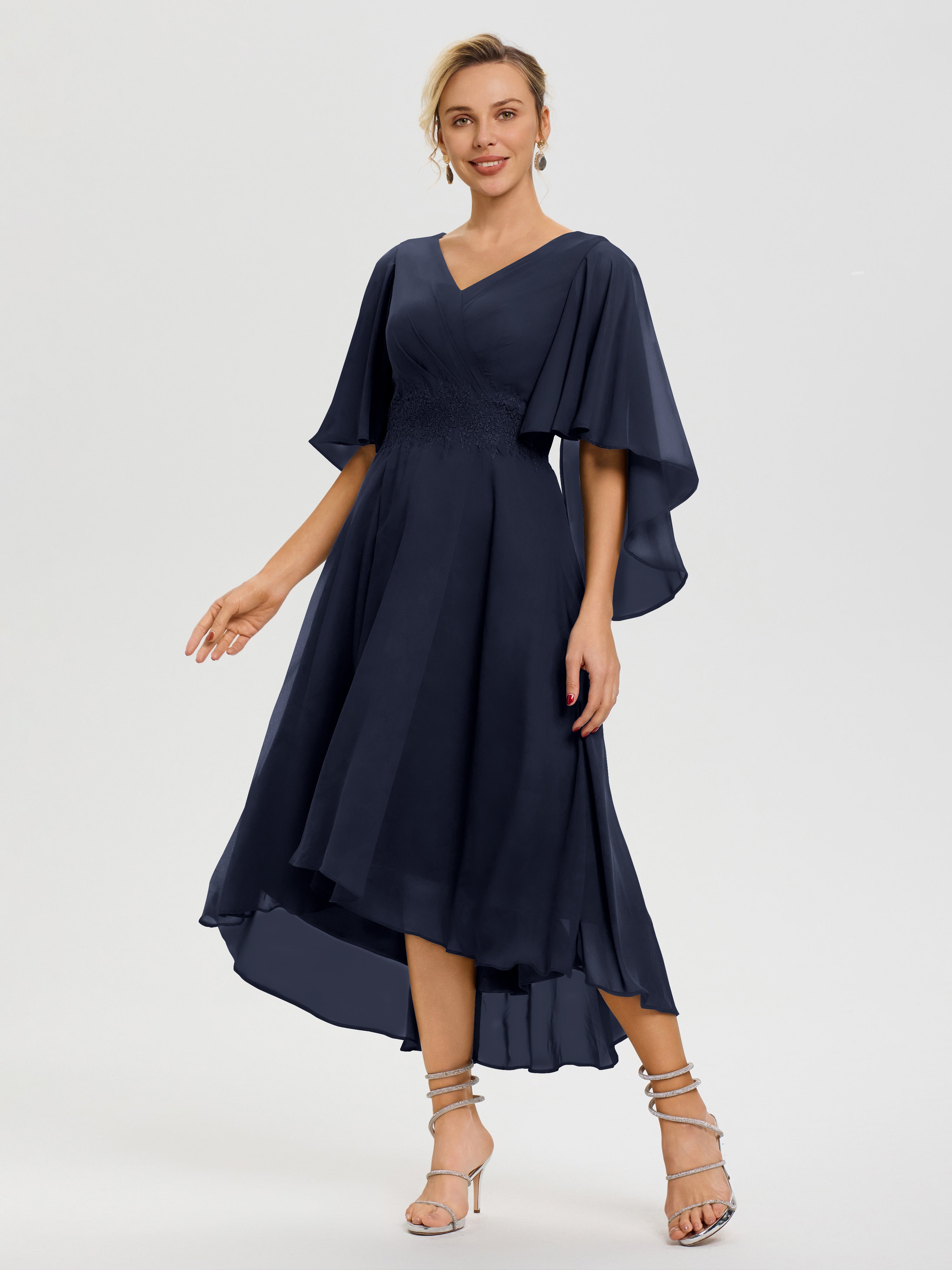 Robe Mere De La Mariee Bleu Marine Col V Mousseline & Dentelle Manches Asymétrique Robe Pour Mère De Mariée