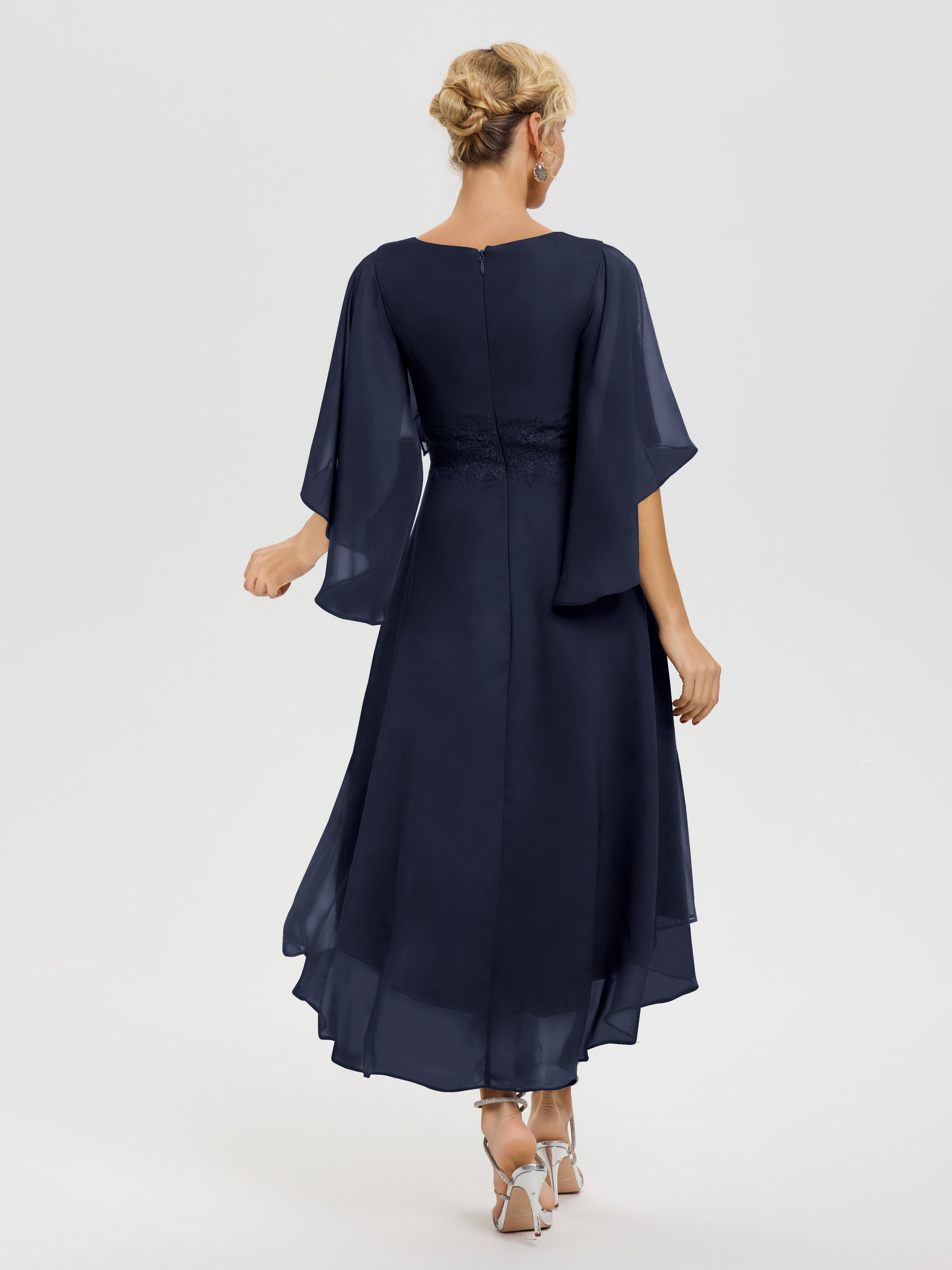 Robe Mere De La Mariee Bleu Marine Col V Mousseline & Dentelle Manches Asymétrique Robe Pour Mère De Mariée