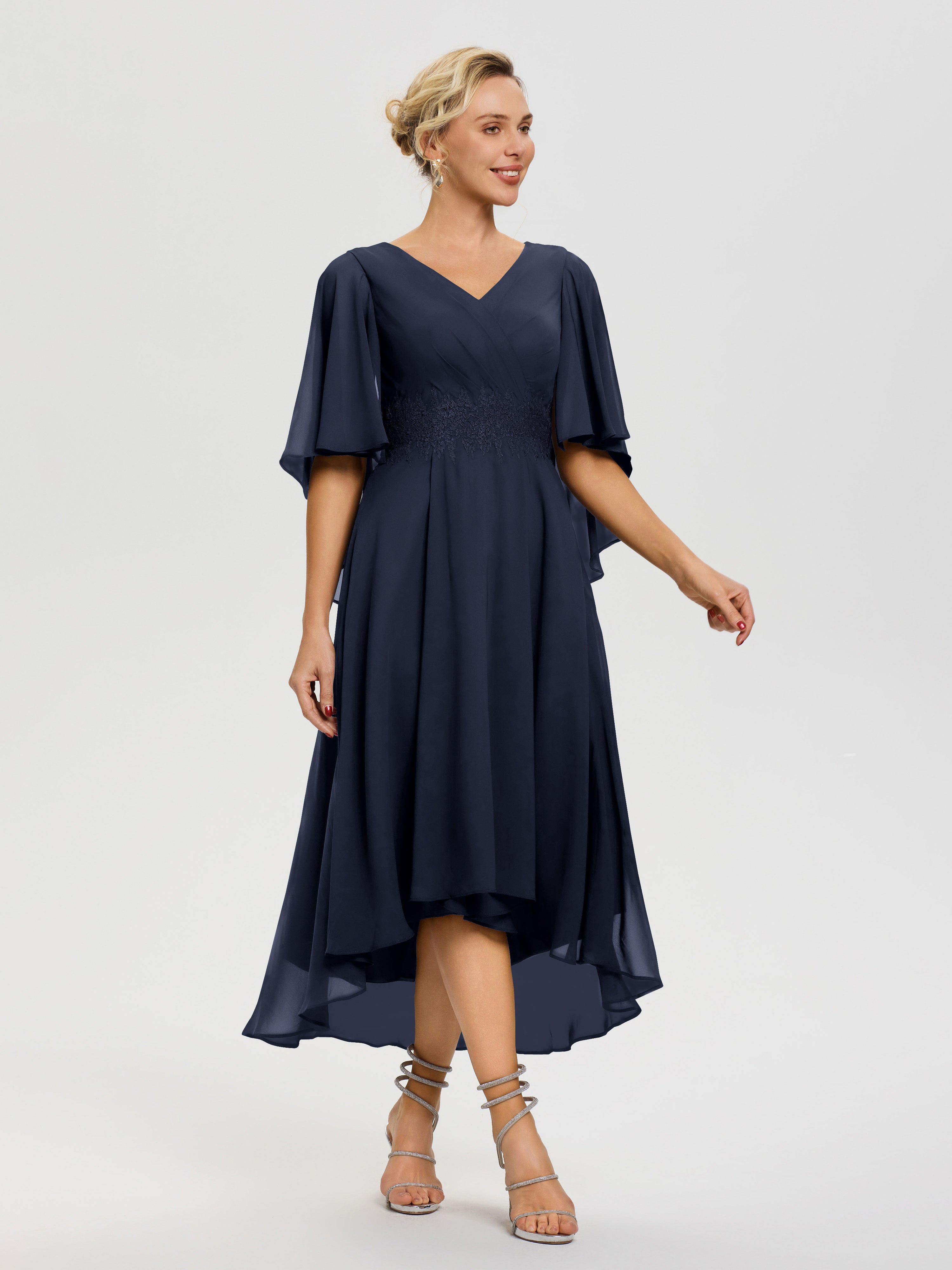 Robe Mere De La Mariee Bleu Marine Col V Mousseline & Dentelle Manches Asymétrique Robe Pour Mère De Mariée