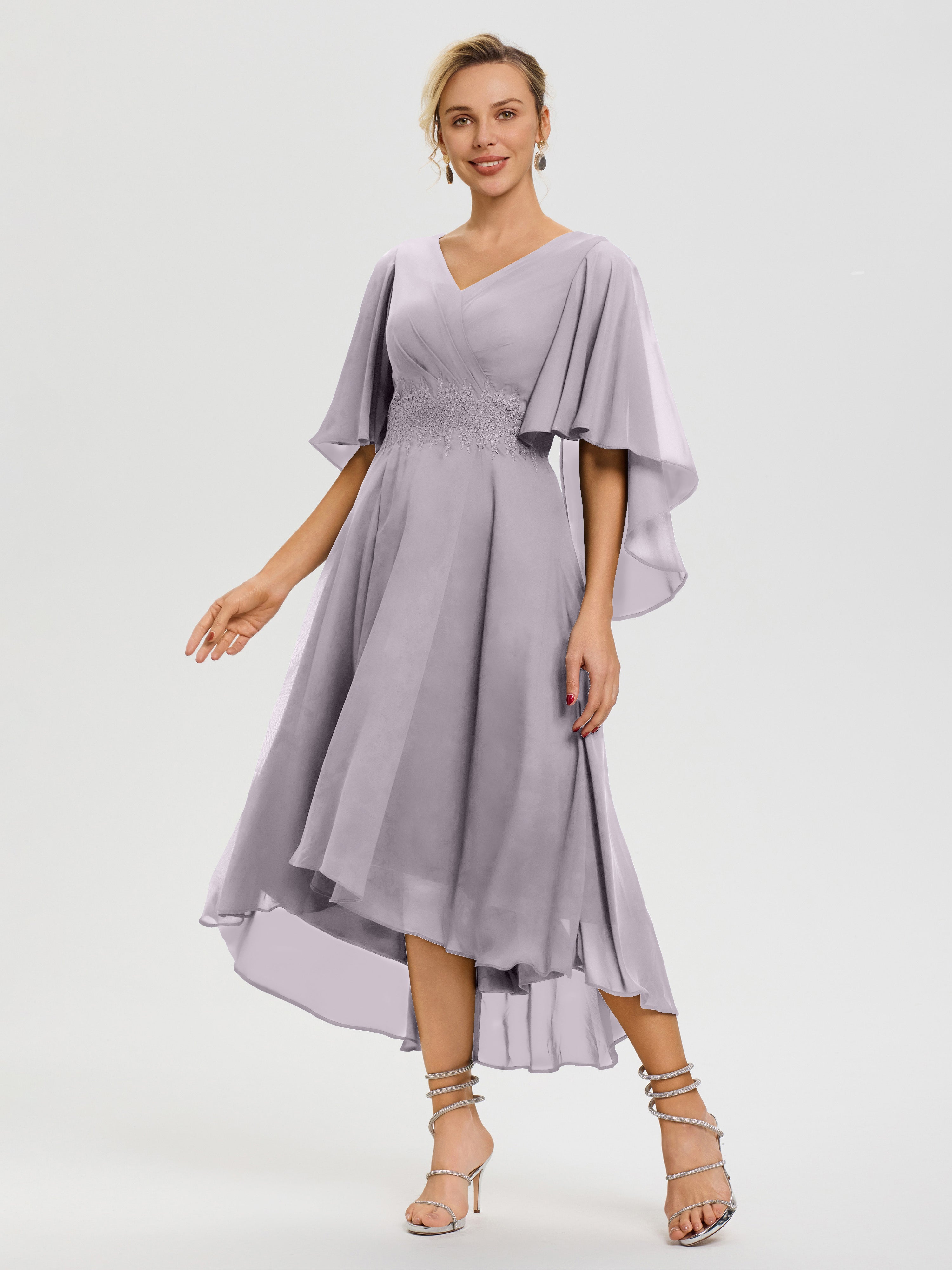 Robe Pour Mère De Mariée Crepuscule Col V Mousseline & Dentelle Manches Asymétrique Robe Pour Mère De Mariée