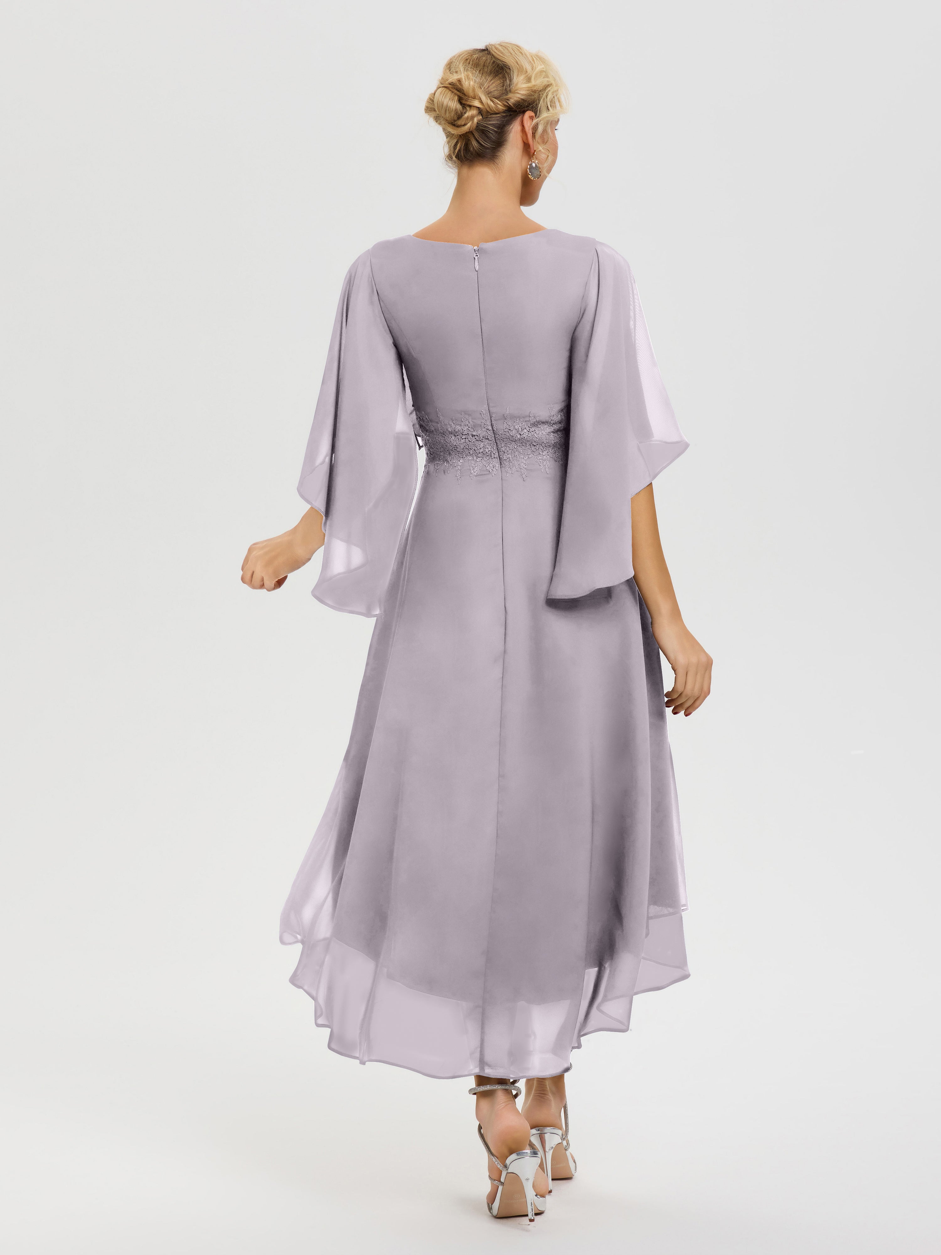 Robe Pour Mère De Mariée Crepuscule Col V Mousseline & Dentelle Manches Asymétrique Robe Pour Mère De Mariée