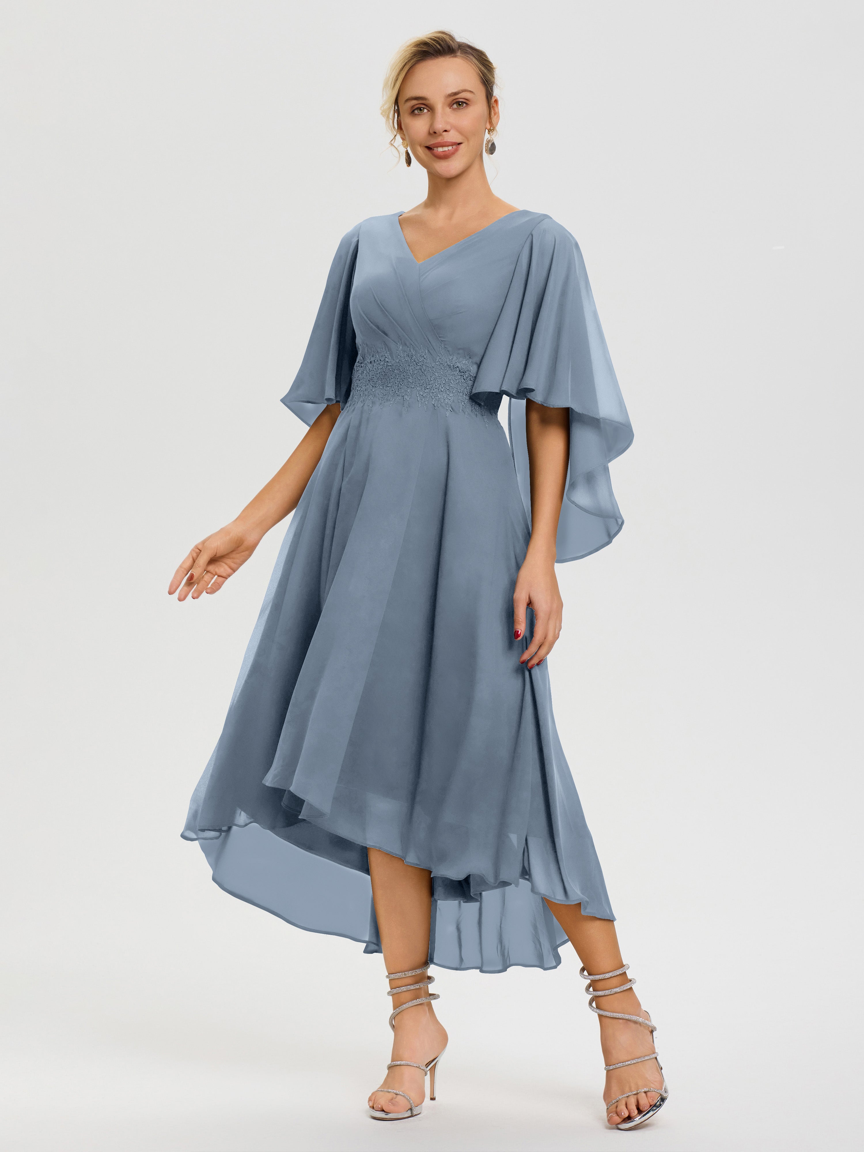 Tenue Mere Dela Mariee Bleu Poudré Col V Mousseline & Dentelle Manches Asymétrique Robe Pour Mère De Mariée