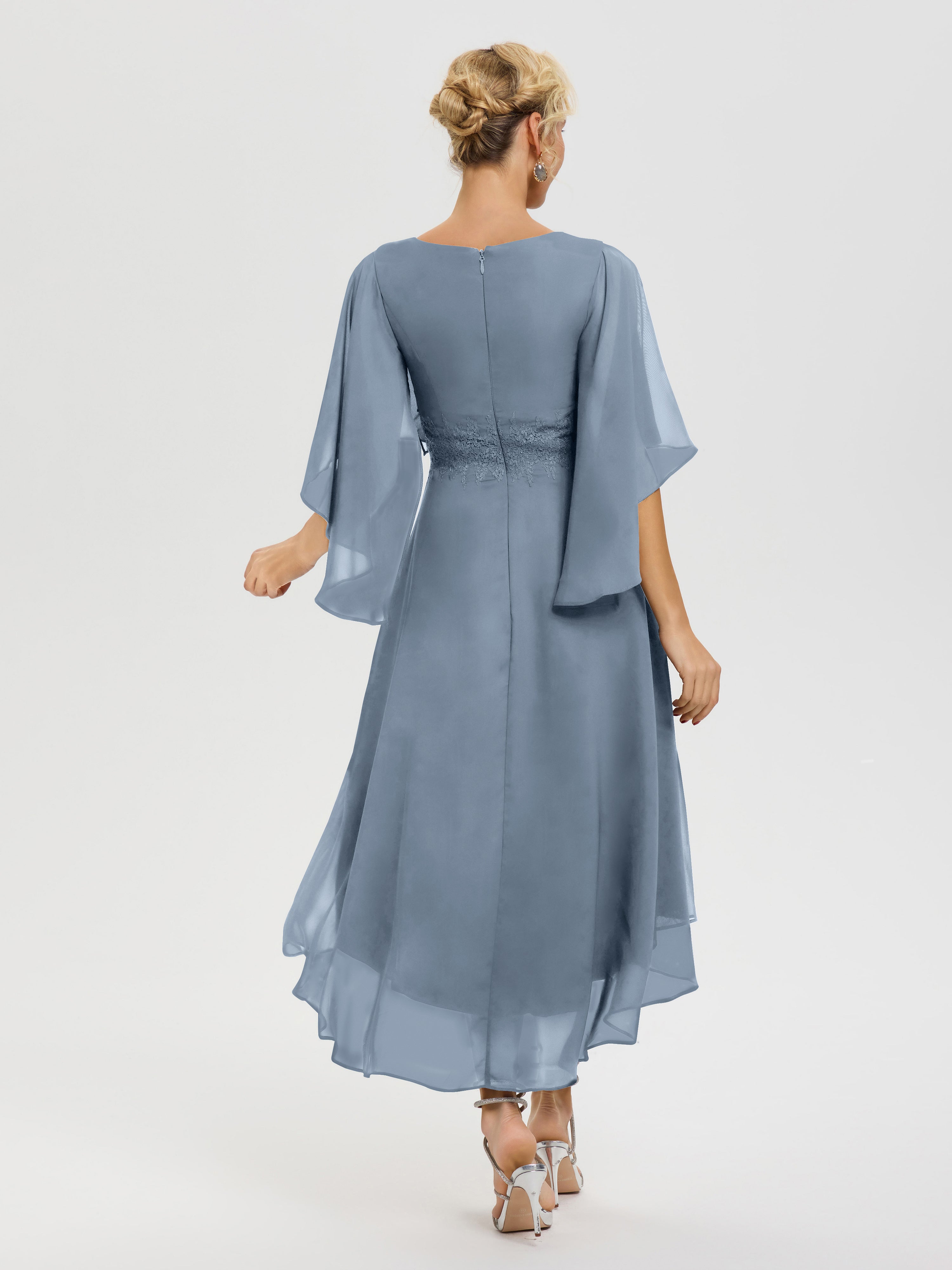 Tenue Mere Dela Mariee Bleu Poudré Col V Mousseline & Dentelle Manches Asymétrique Robe Pour Mère De Mariée