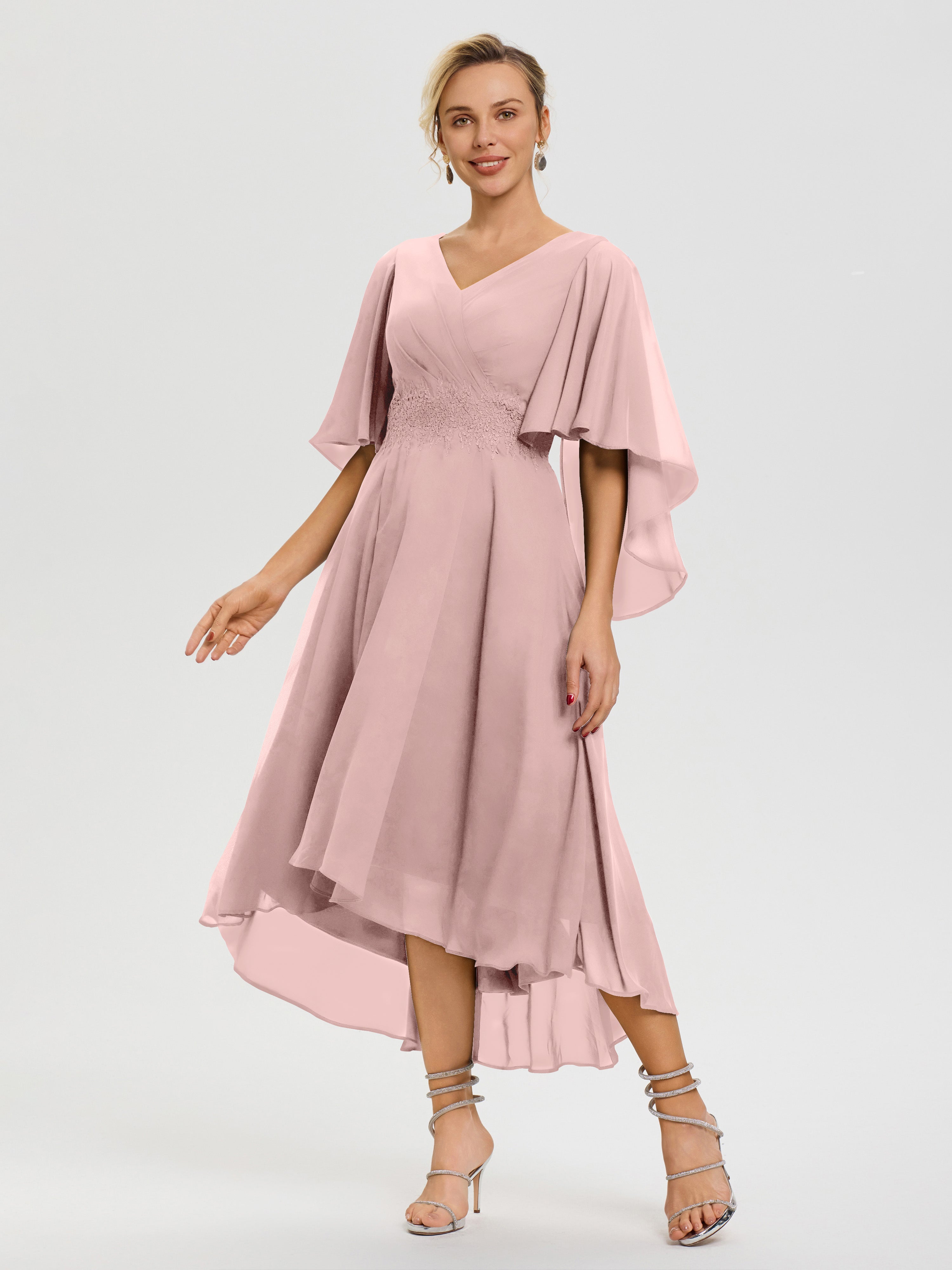 Robe Mere Dela Mariee Rose Poudré Col V Mousseline & Dentelle Manches Asymétrique Robe Pour Mère De Mariée