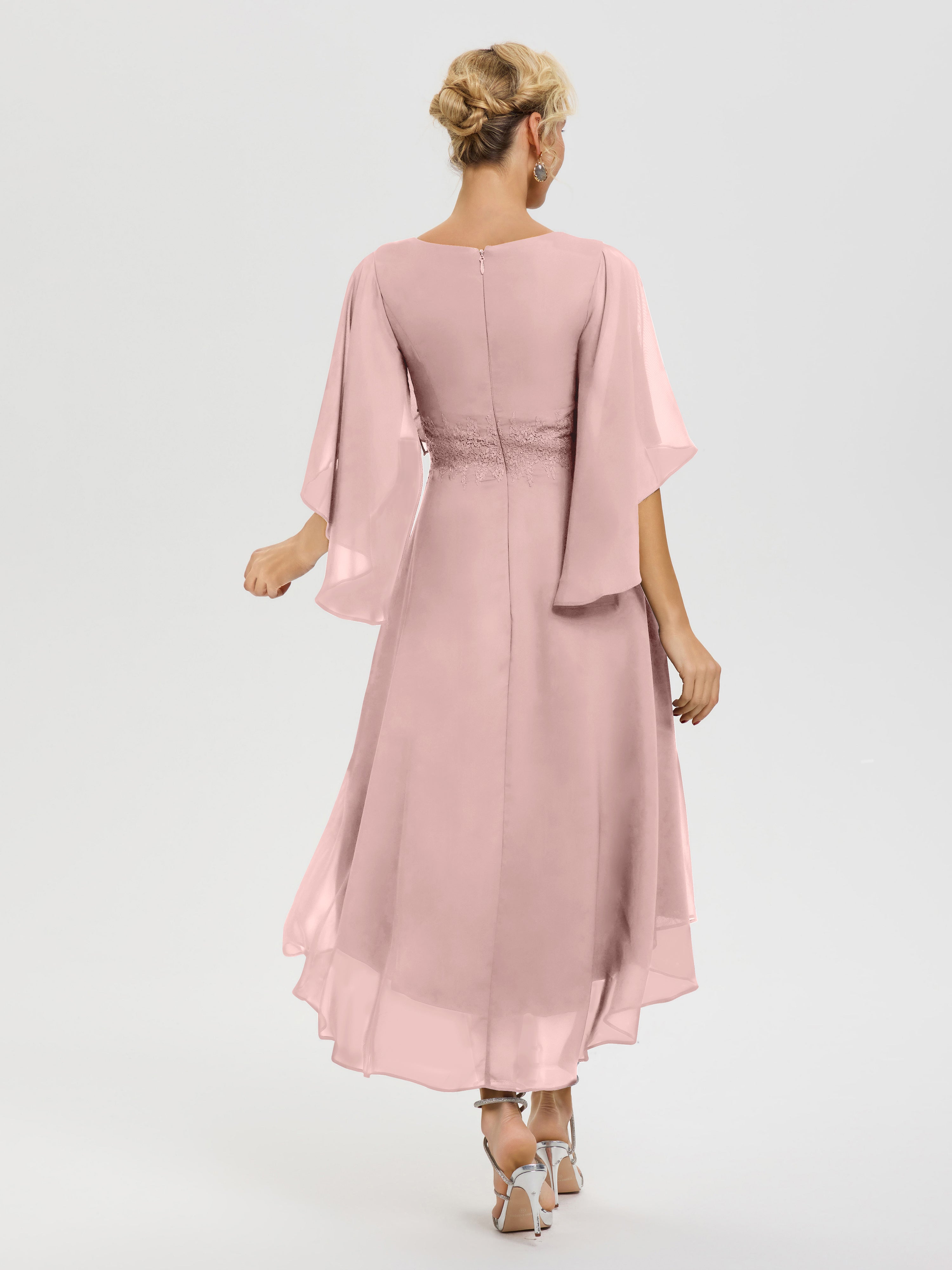 Robe Mere Dela Mariee Rose Poudré Col V Mousseline & Dentelle Manches Asymétrique Robe Pour Mère De Mariée