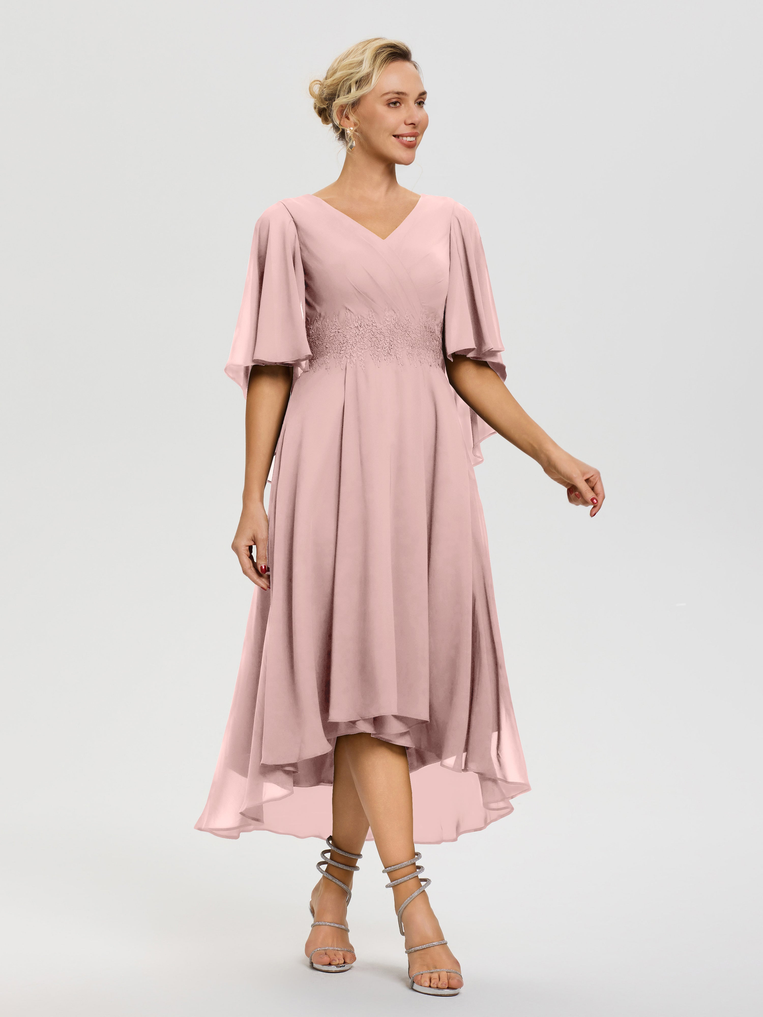 Robe Mere Dela Mariee Rose Poudré Col V Mousseline & Dentelle Manches Asymétrique Robe Pour Mère De Mariée