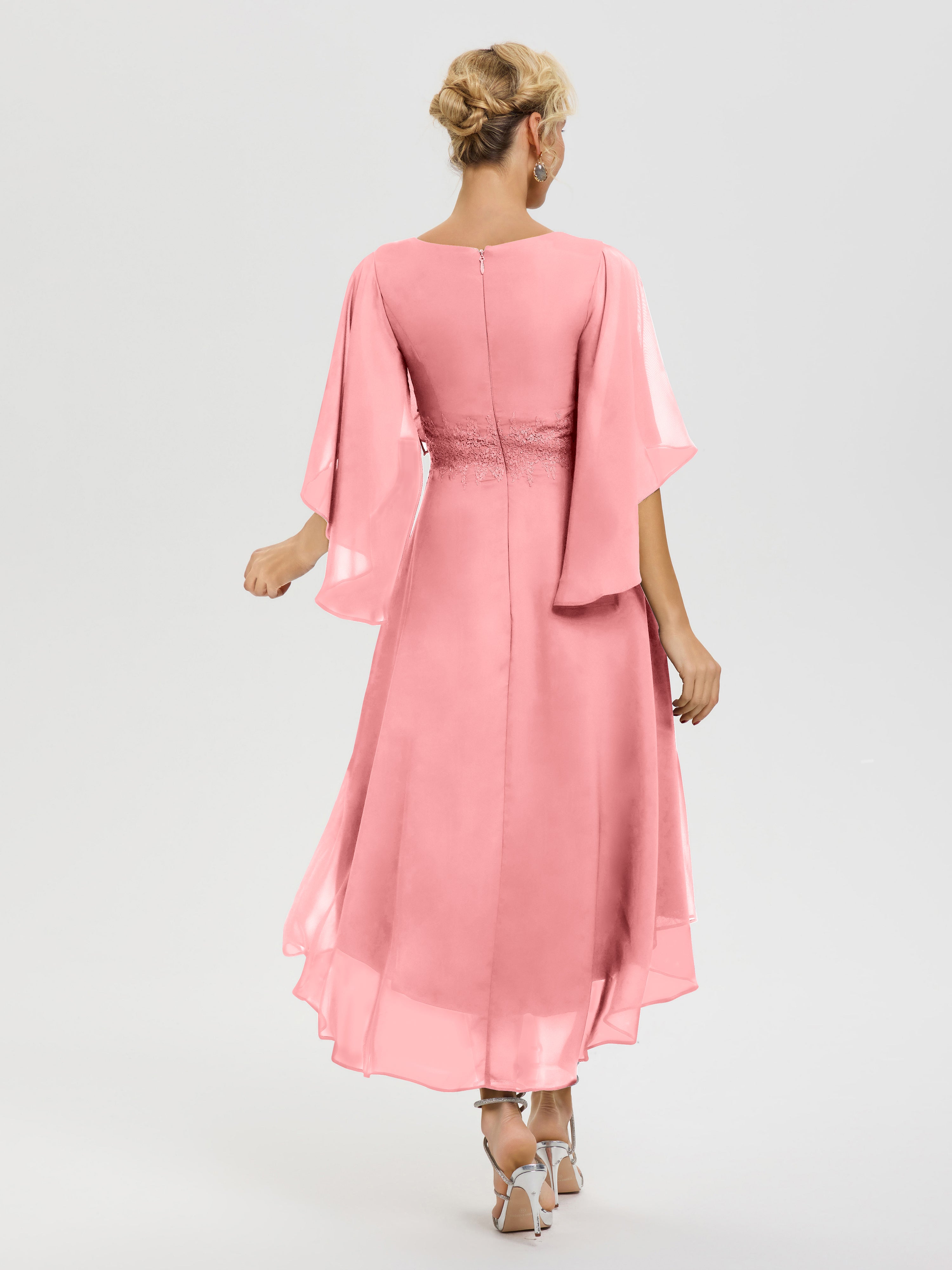 Robe Pour Mère De Mariée Flamant Col V Mousseline & Dentelle Manches Asymétrique Robe Pour Mère De Mariée