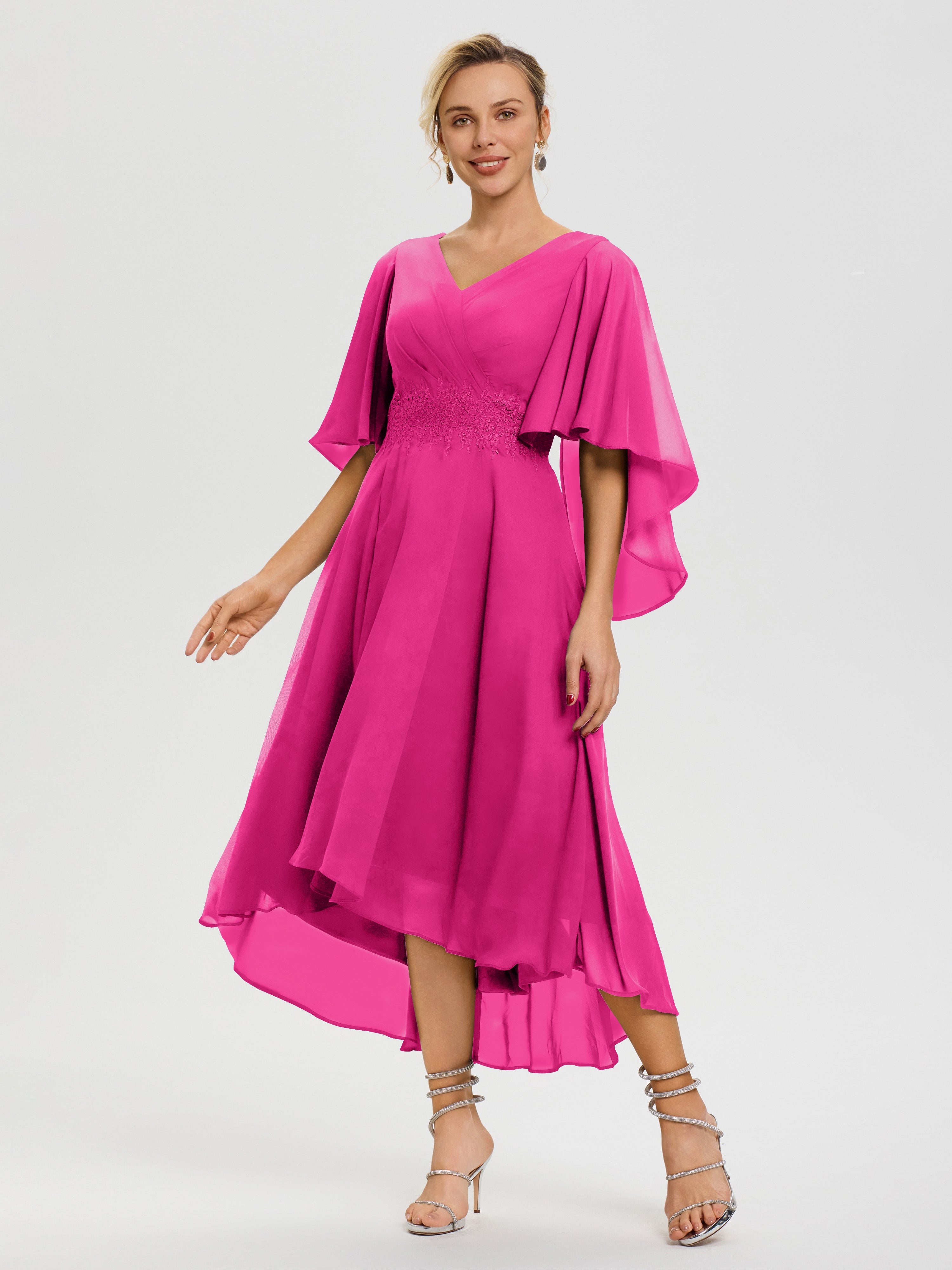 Tenue Mere Dela Mariee Fuchsia Col V Mousseline & Dentelle Manches Asymétrique Robe Pour Mère De Mariée