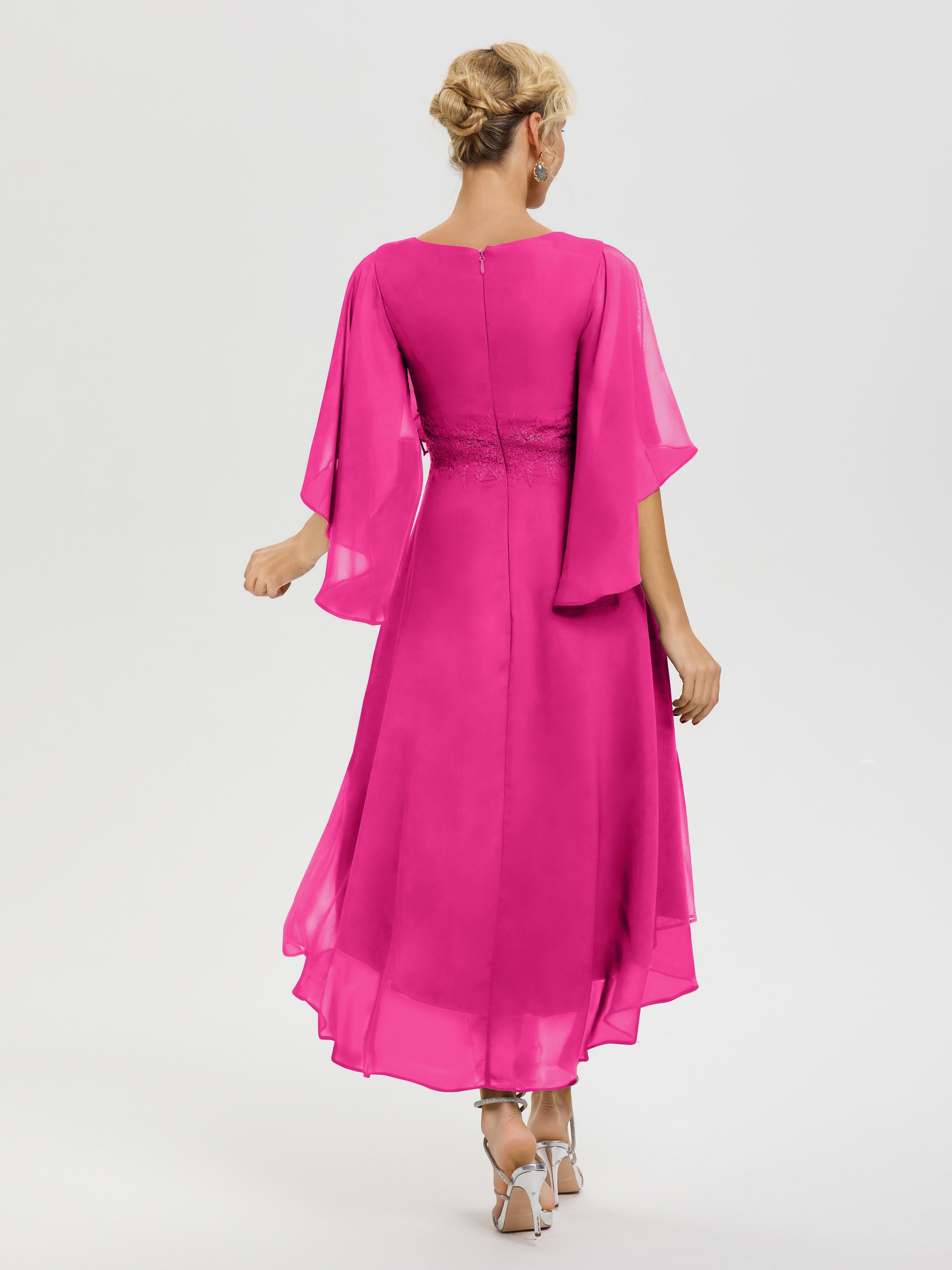Tenue Mere Dela Mariee Fuchsia Col V Mousseline & Dentelle Manches Asymétrique Robe Pour Mère De Mariée