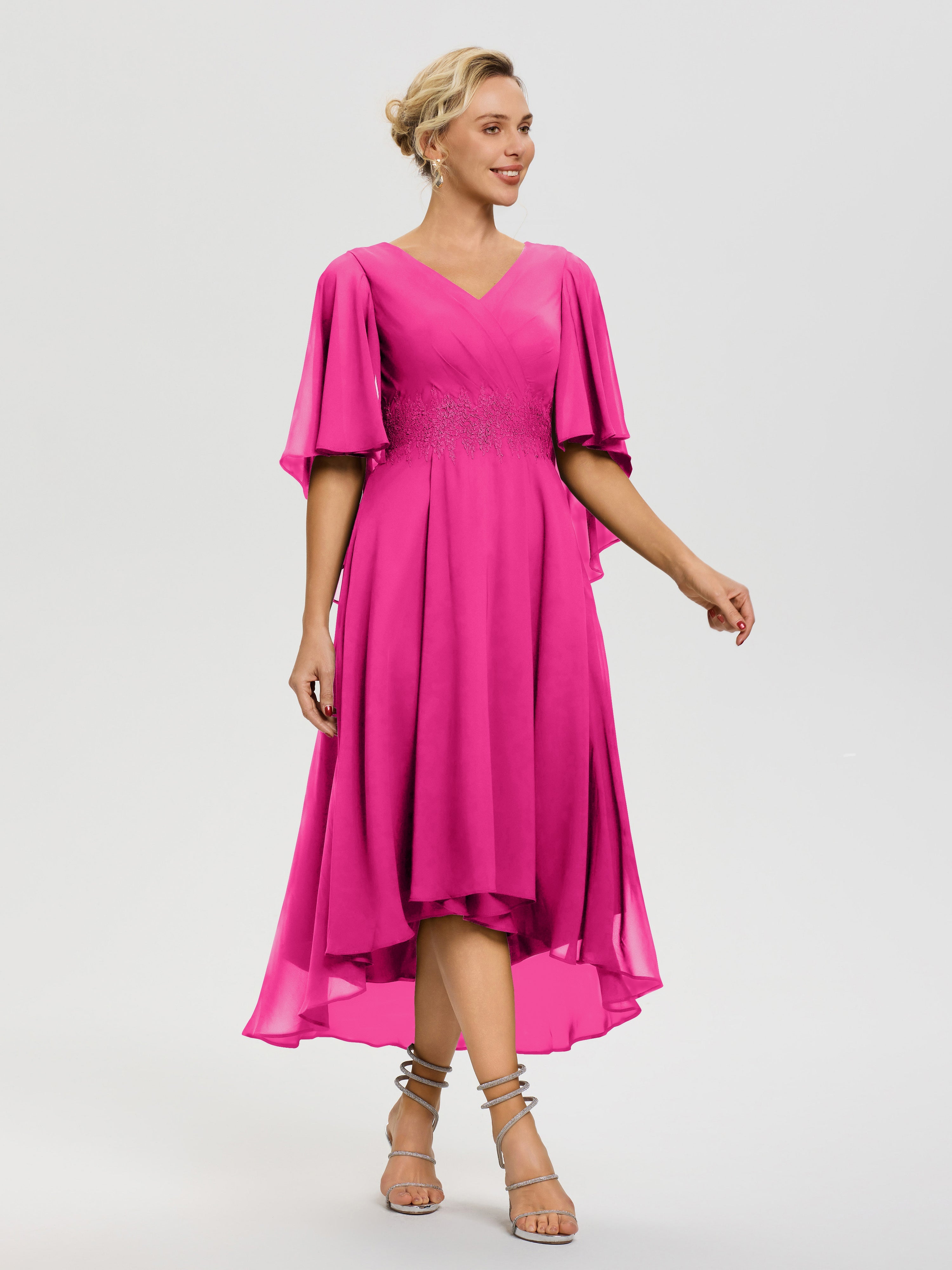 Tenue Mere Dela Mariee Fuchsia Col V Mousseline & Dentelle Manches Asymétrique Robe Pour Mère De Mariée