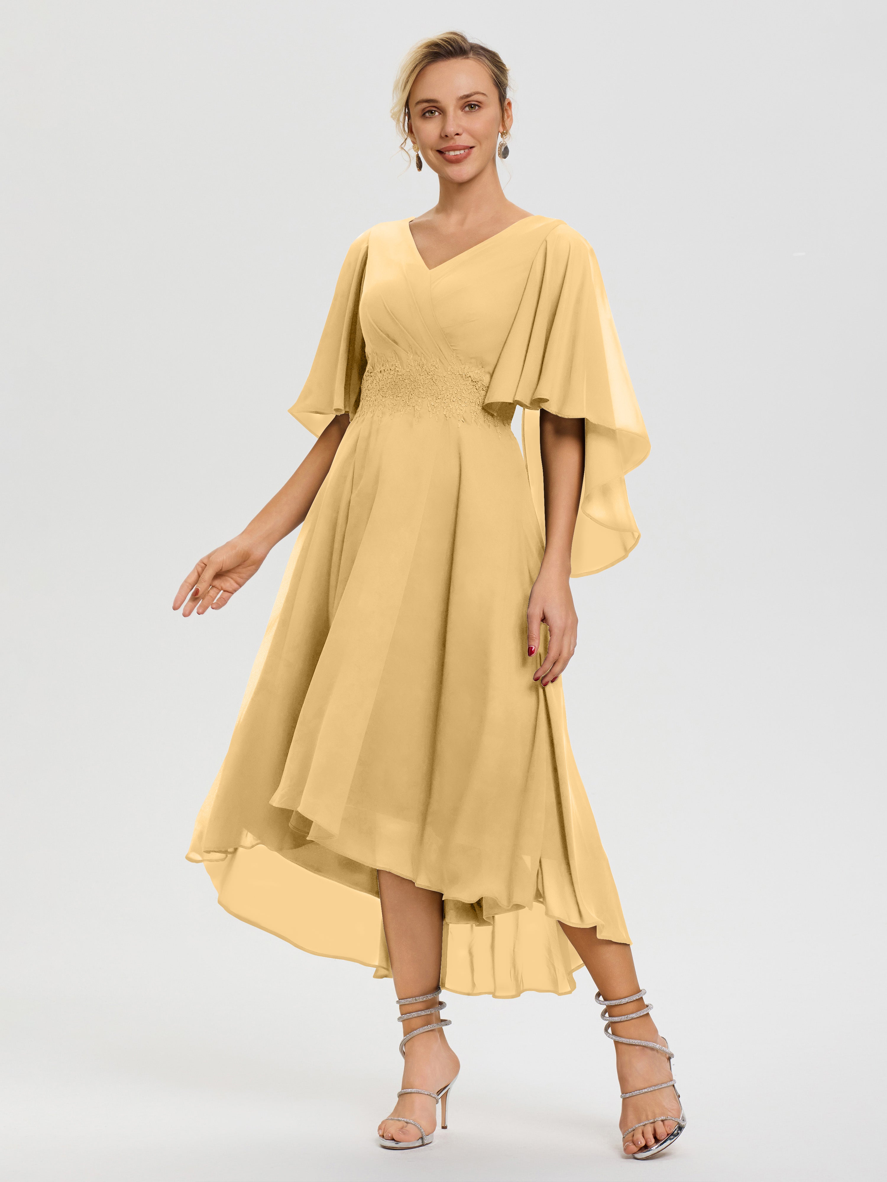 Robe Mère Mariée Or Col V Mousseline & Dentelle Manches Asymétrique Robe Pour Mère De Mariée