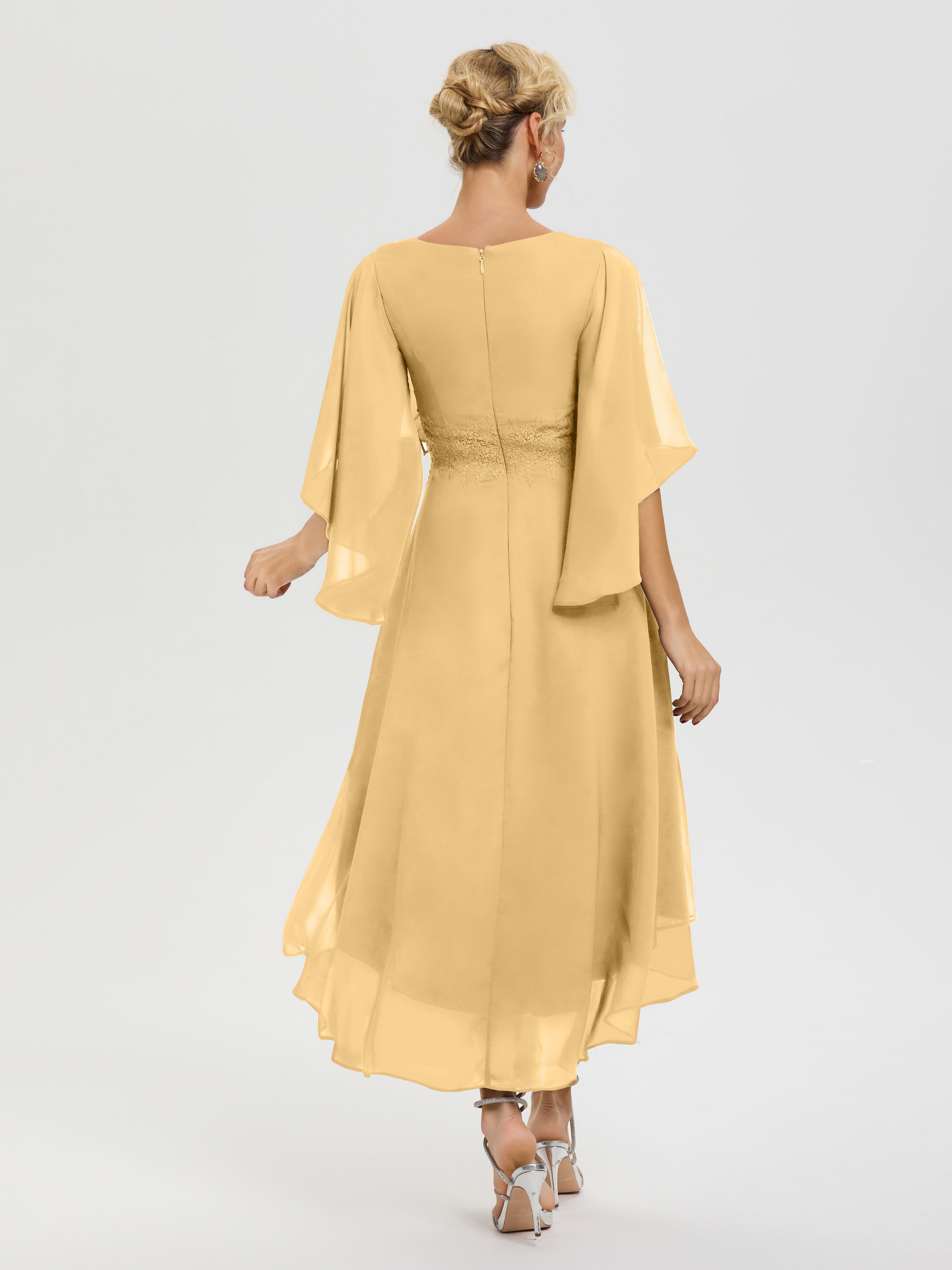 Robe Mère Mariée Or Col V Mousseline & Dentelle Manches Asymétrique Robe Pour Mère De Mariée
