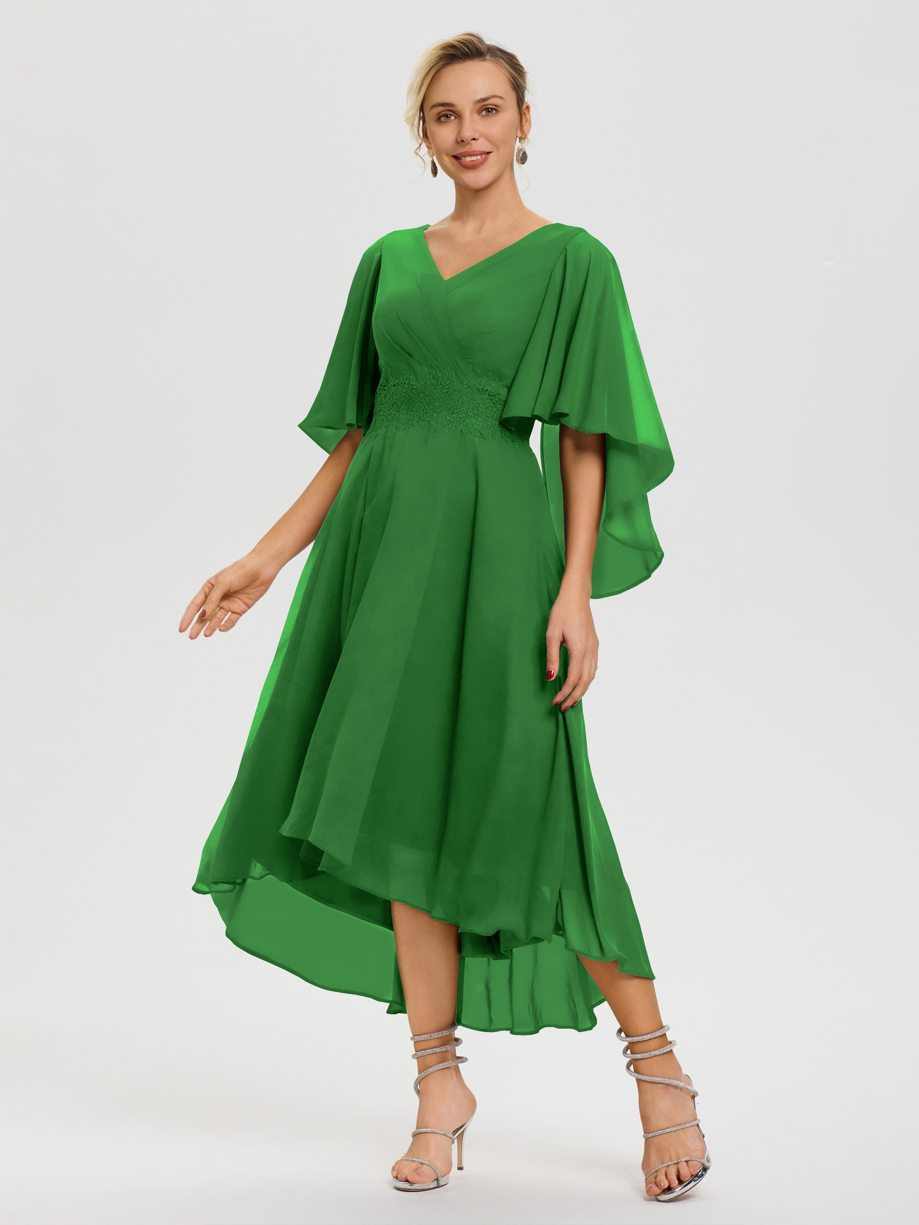 Robe Pour La Mère Du Marié Vert Col V Mousseline & Dentelle Manches Asymétrique Robe Pour Mère De Mariée