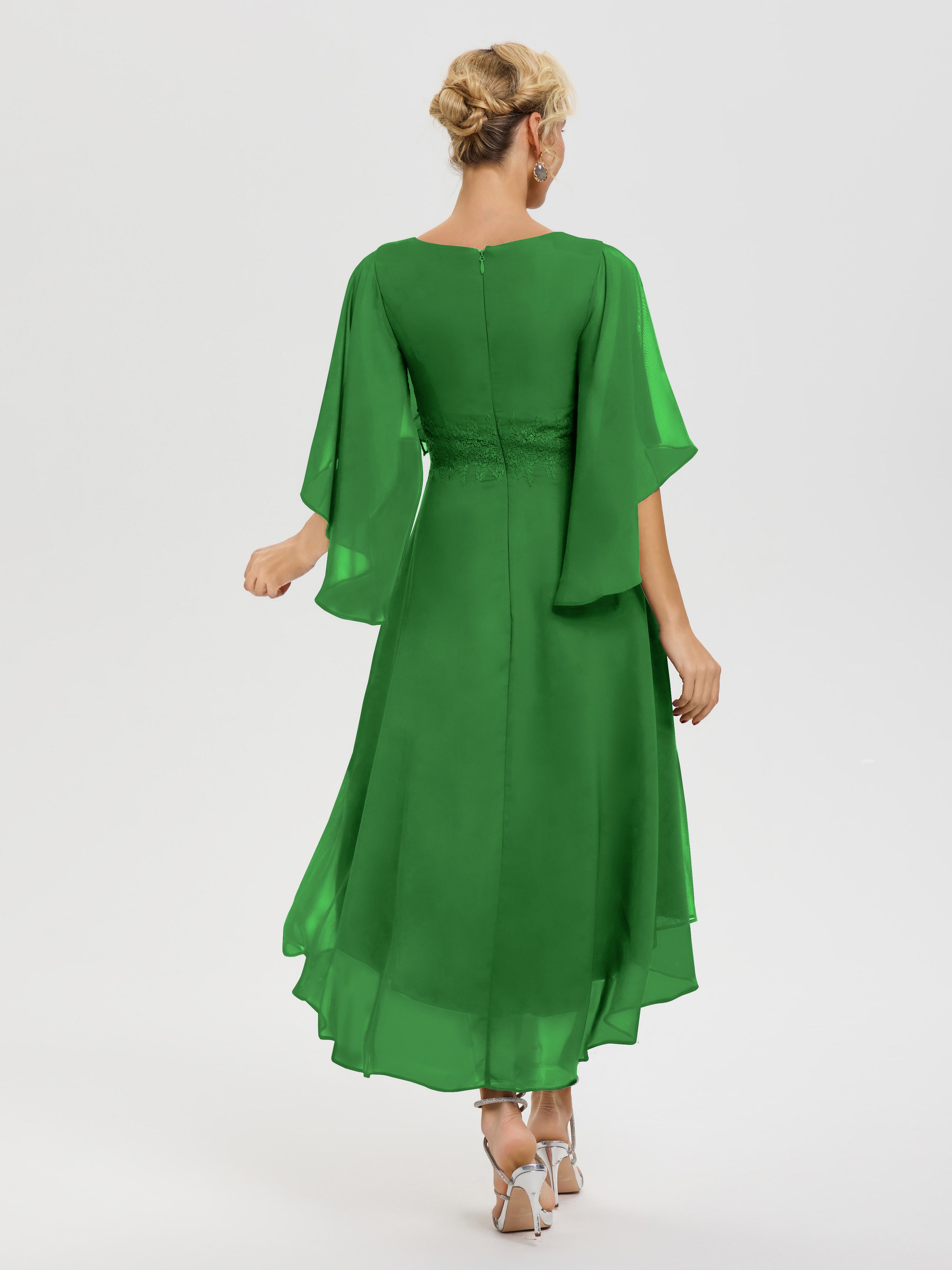 Robe Pour La Mère Du Marié Vert Col V Mousseline & Dentelle Manches Asymétrique Robe Pour Mère De Mariée