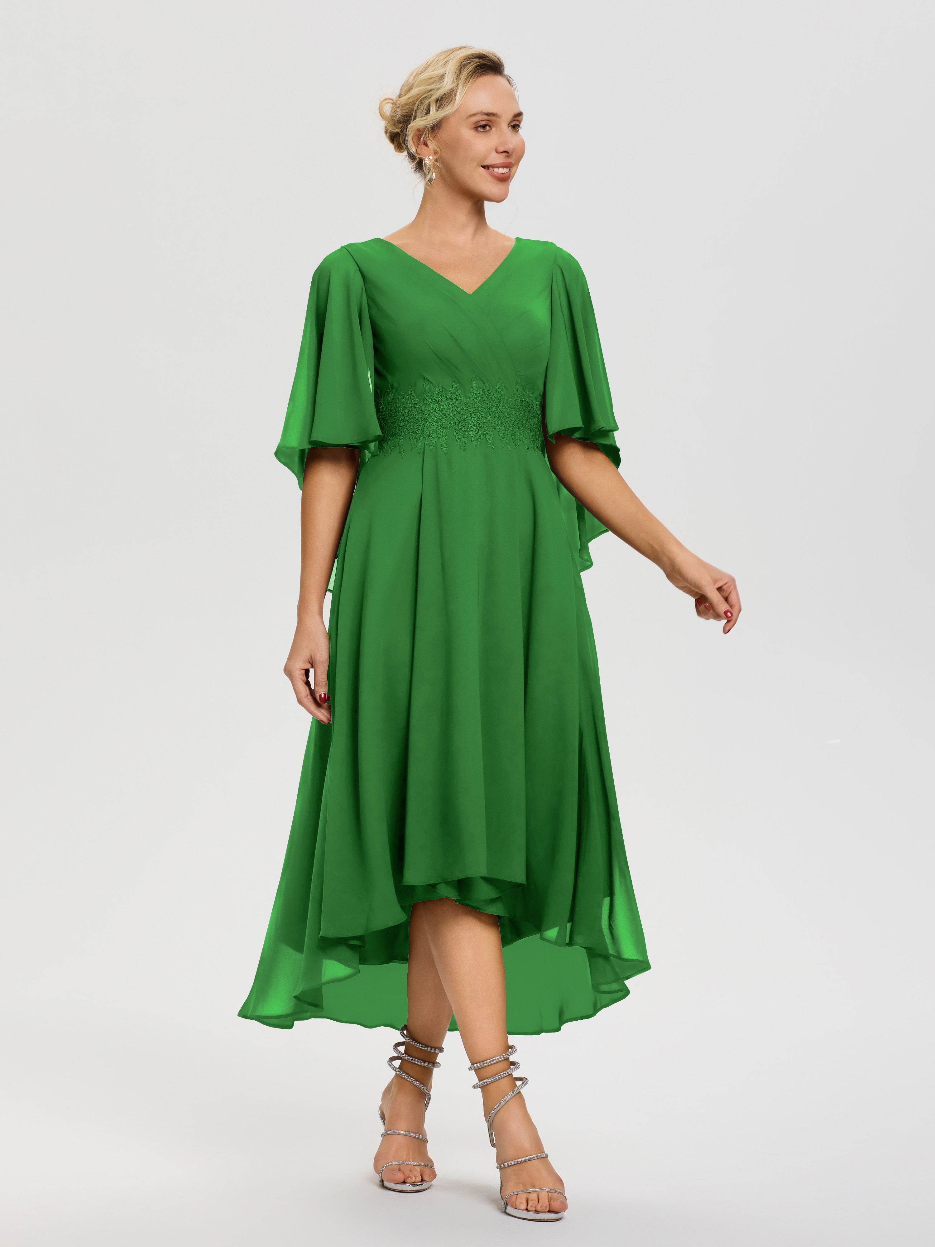 Robe Pour La Mère Du Marié Vert Col V Mousseline & Dentelle Manches Asymétrique Robe Pour Mère De Mariée