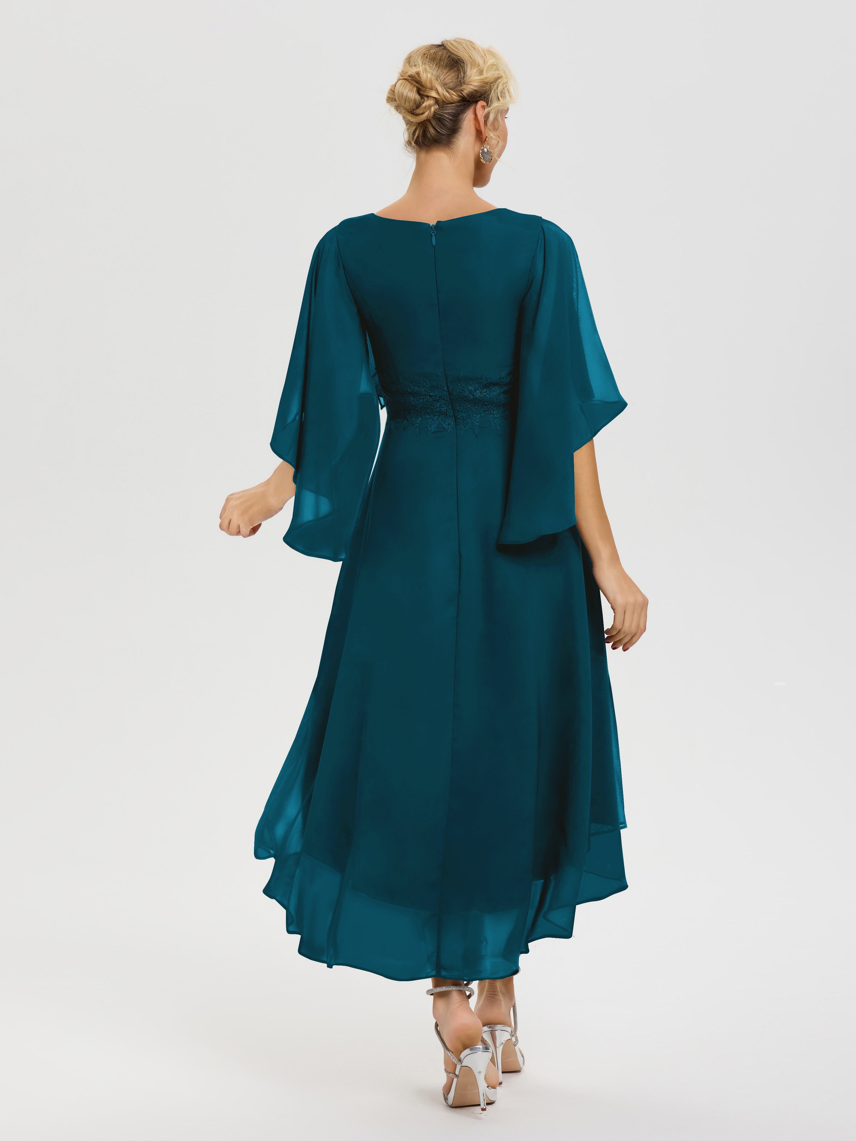 Tenue Mere Dela Mariee Bleu Encre Col V Mousseline & Dentelle Manches Asymétrique Robe Pour Mère De Mariée