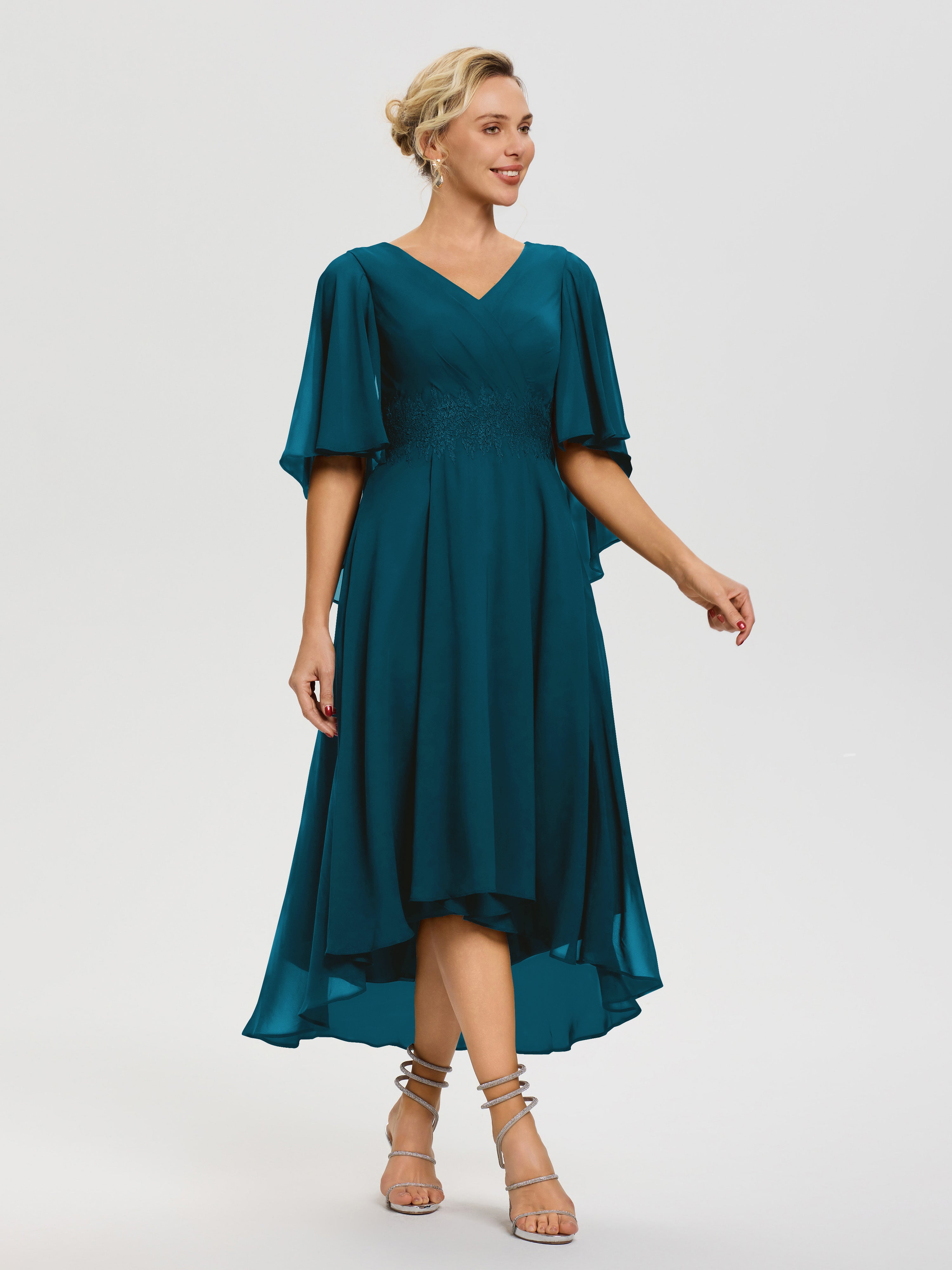 Tenue Mere Dela Mariee Bleu Encre Col V Mousseline & Dentelle Manches Asymétrique Robe Pour Mère De Mariée