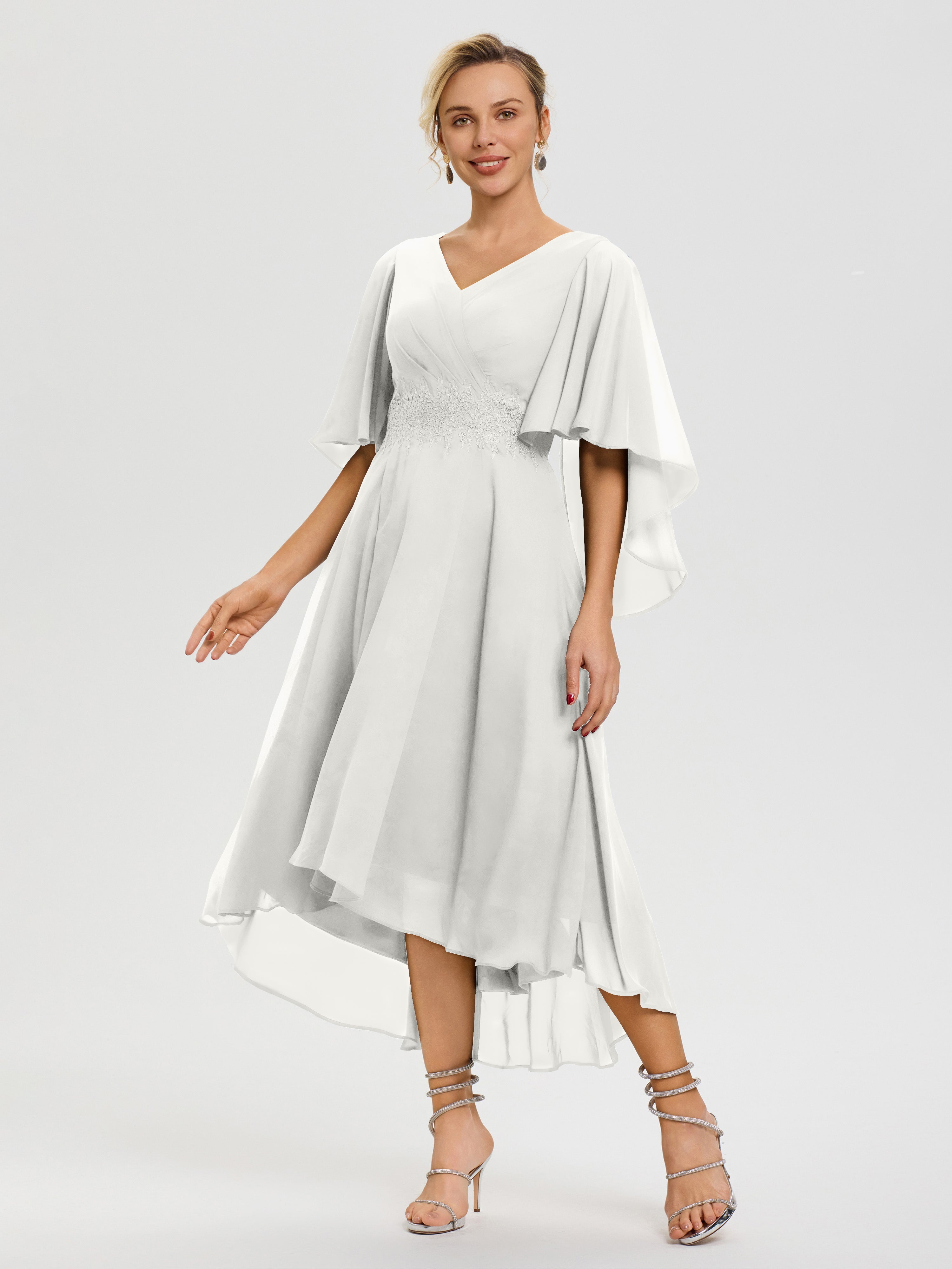 Tenue Mere Dela Mariee Ivoire Col V Mousseline & Dentelle Manches Asymétrique Robe Pour Mère De Mariée