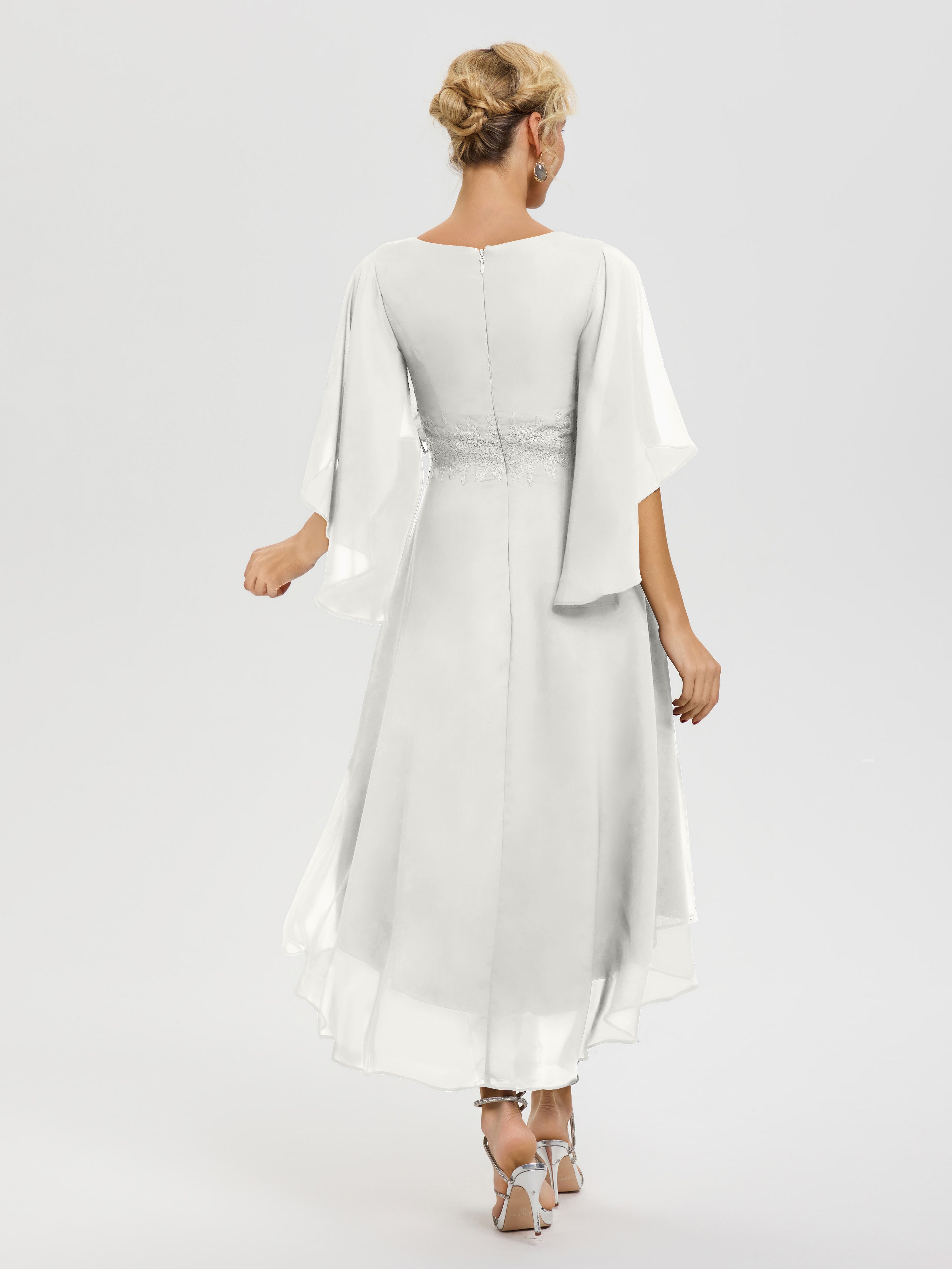 Tenue Mere Dela Mariee Ivoire Col V Mousseline & Dentelle Manches Asymétrique Robe Pour Mère De Mariée