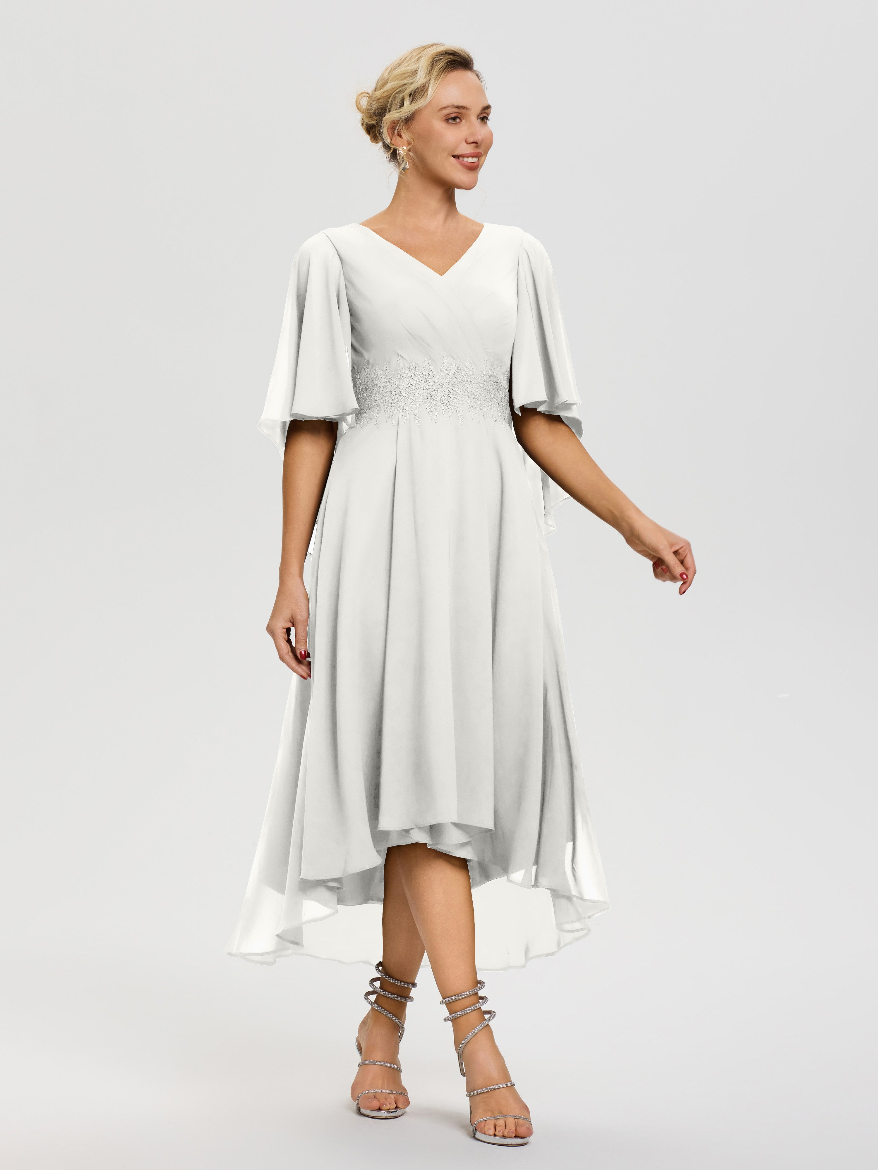 Tenue Mere Dela Mariee Ivoire Col V Mousseline & Dentelle Manches Asymétrique Robe Pour Mère De Mariée