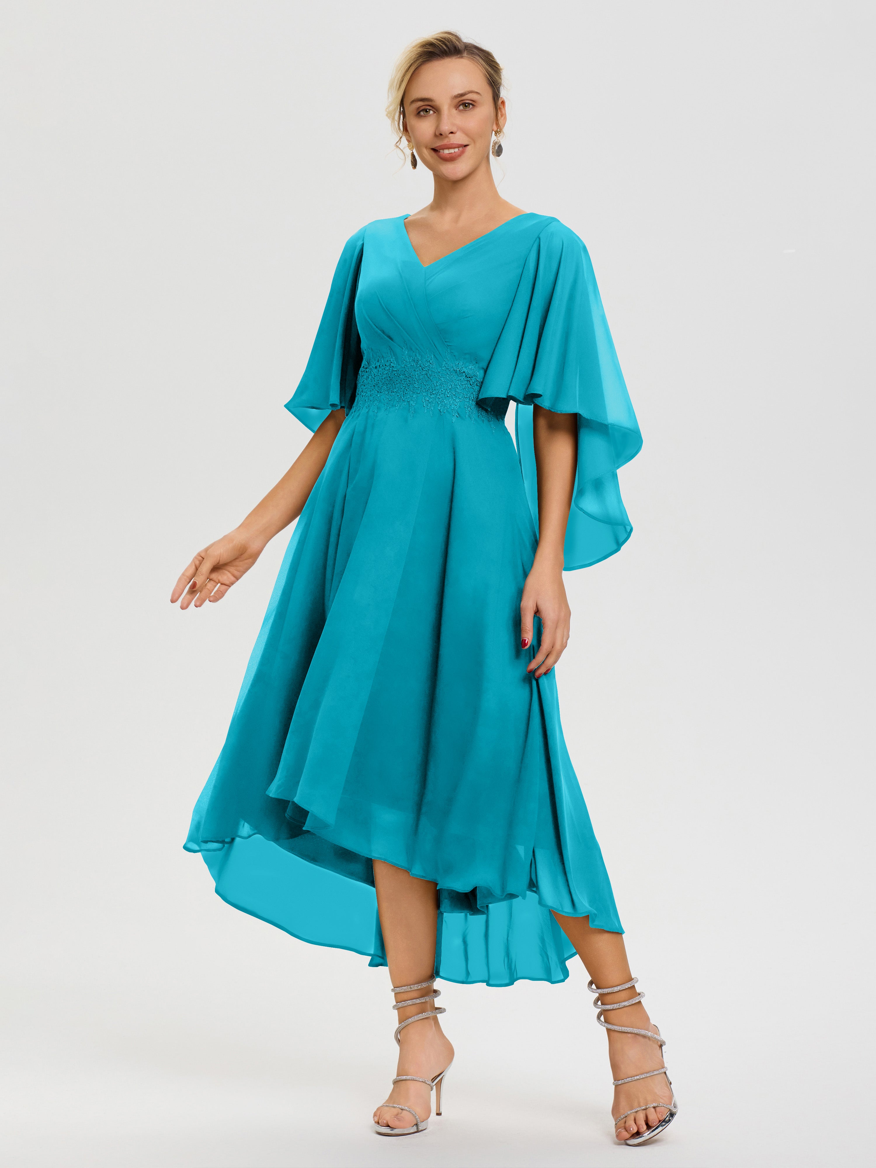 Robe Mère Mariée Ivoire Col V Mousseline & Dentelle Manches Asymétrique Robe Pour Mère De Mariée