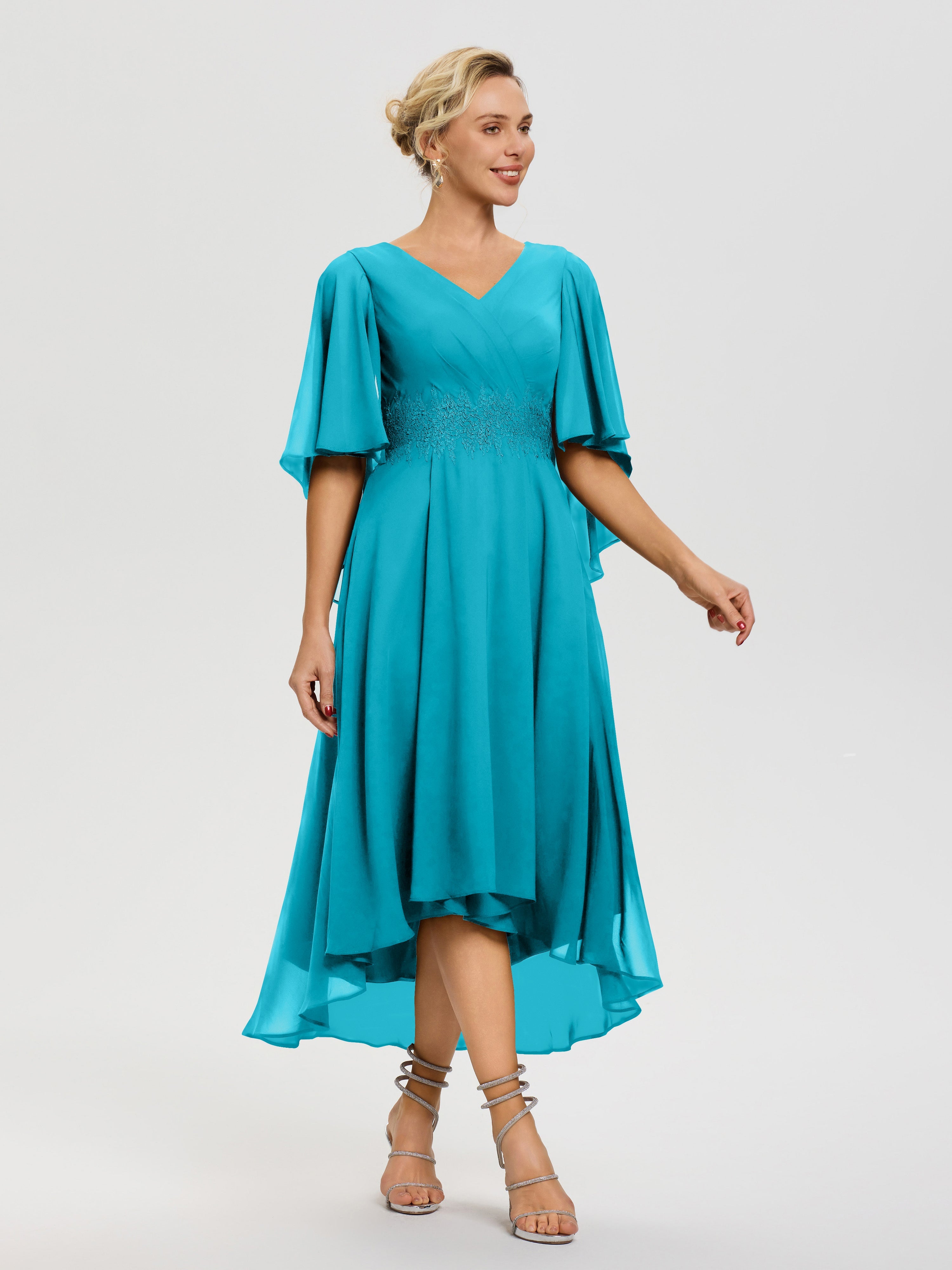 Robe Mère Mariée Ivoire Col V Mousseline & Dentelle Manches Asymétrique Robe Pour Mère De Mariée