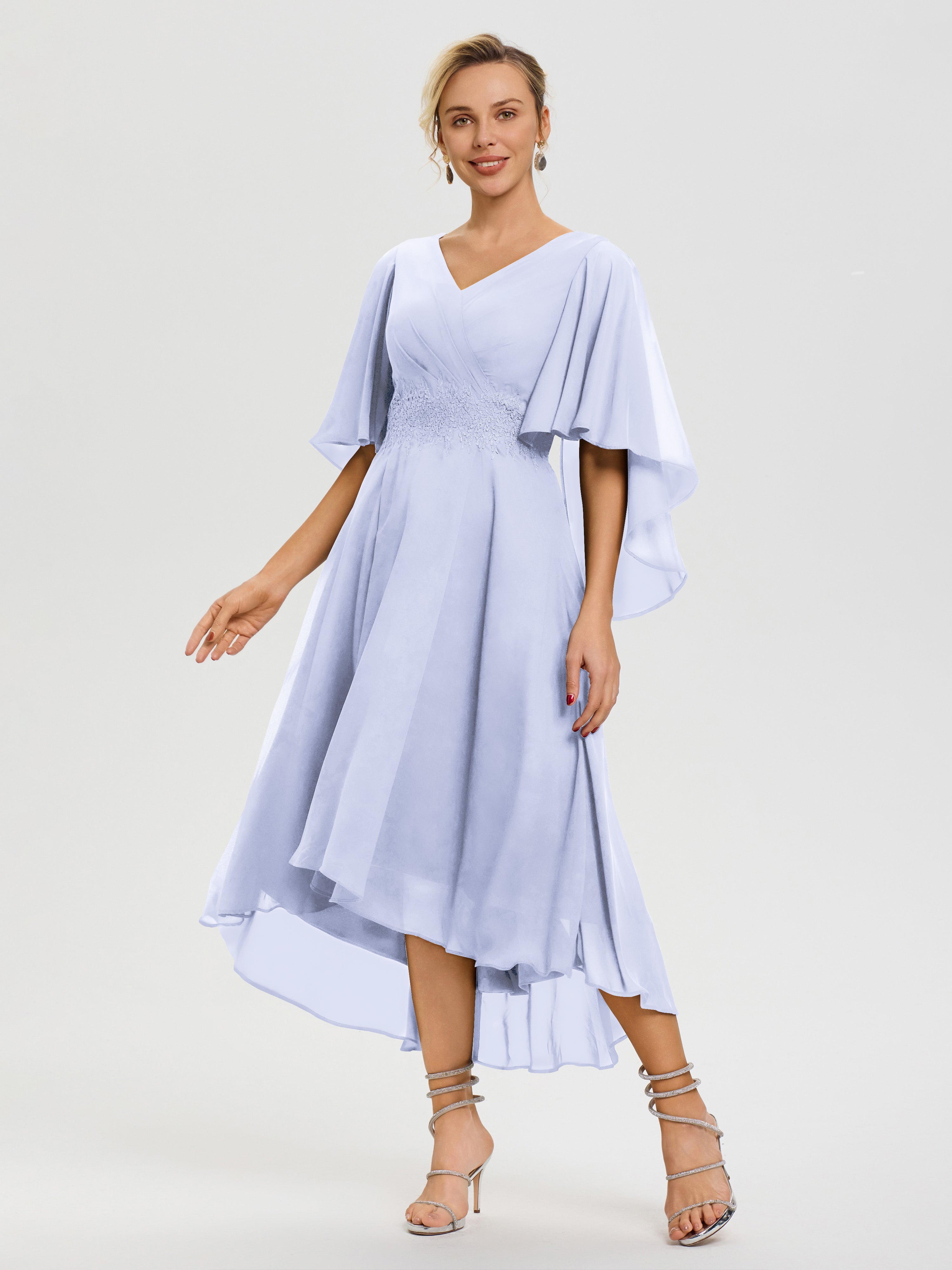 Robe Mère Mariée Lavande Col V Mousseline & Dentelle Manches Asymétrique Robe Pour Mère De Mariée
