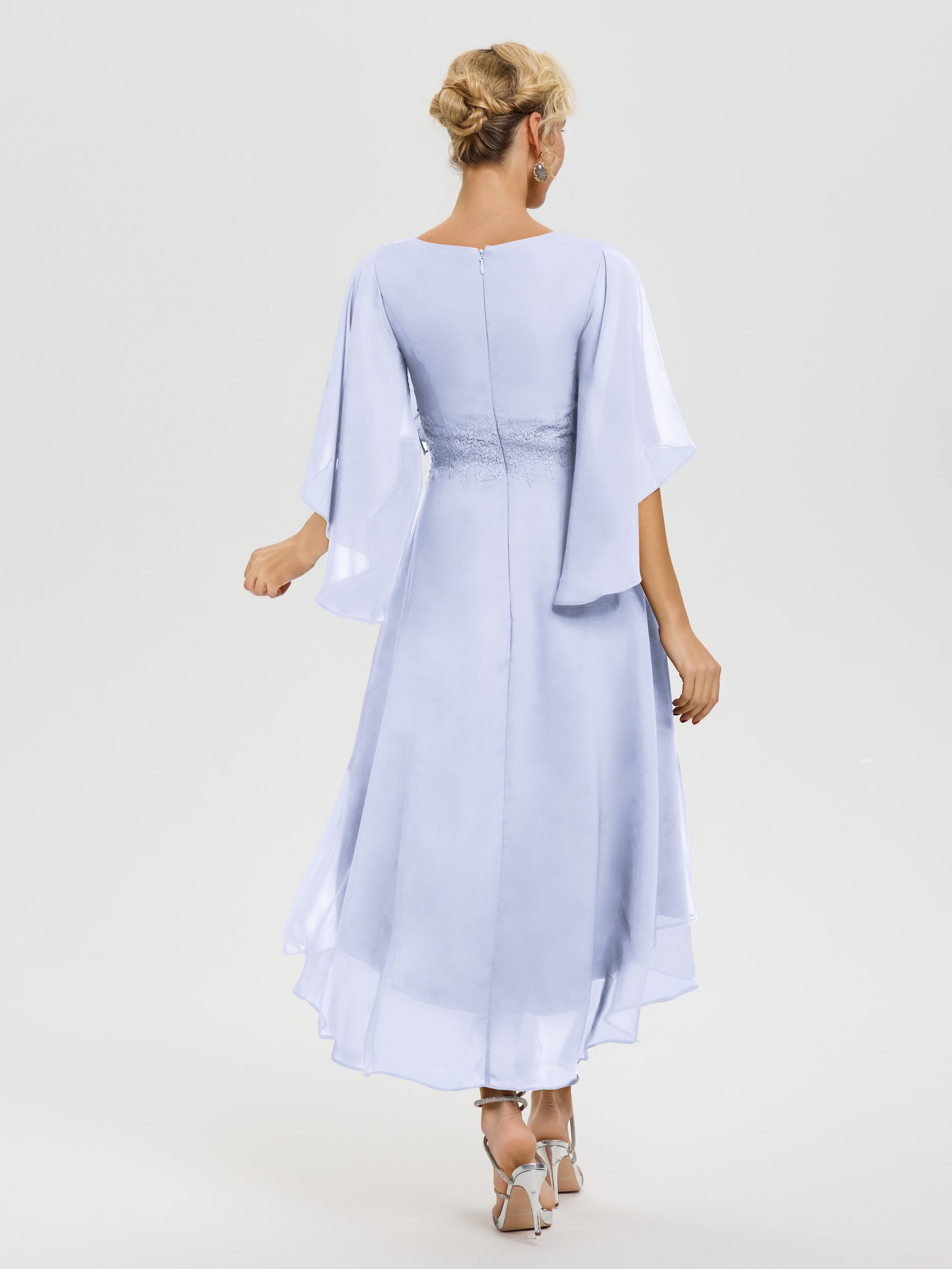 Robe Mère Mariée Lavande Col V Mousseline & Dentelle Manches Asymétrique Robe Pour Mère De Mariée