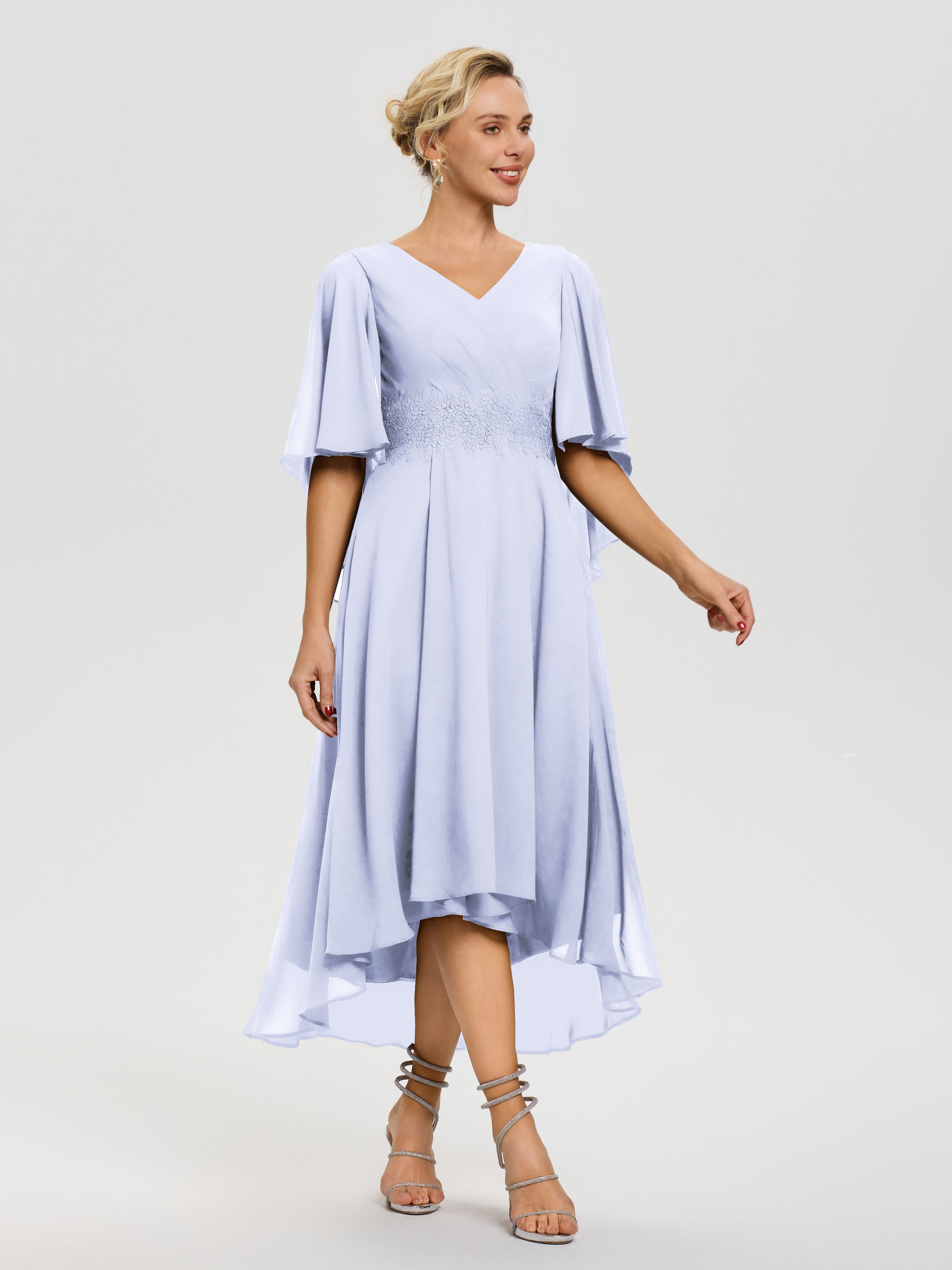 Robe Mère Mariée Lavande Col V Mousseline & Dentelle Manches Asymétrique Robe Pour Mère De Mariée