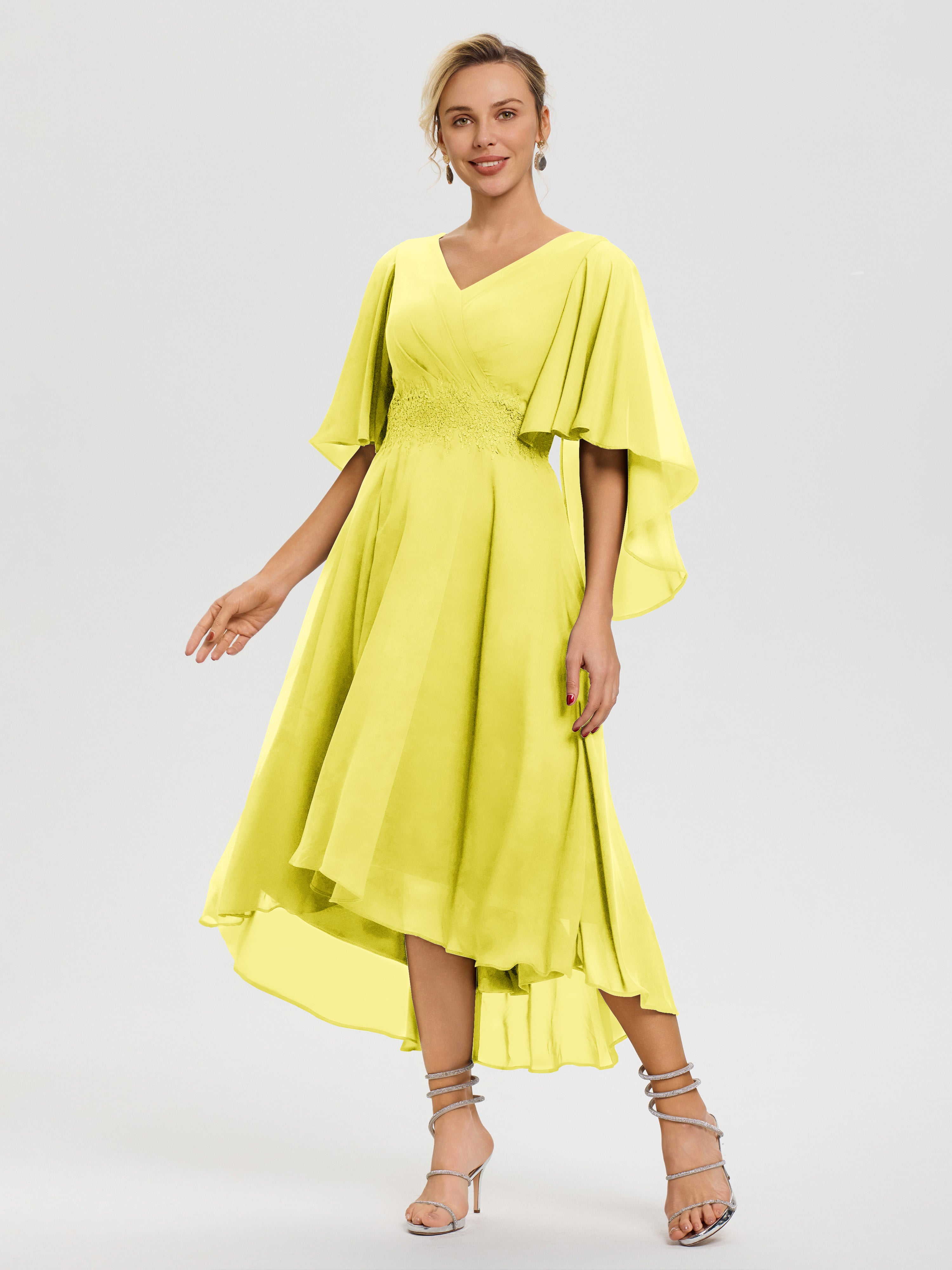 Robe Pour Mère De Mariée Citron Col-V-Mousseline-Dentelle-Manches-Asymetrique-Robe-Pour-Mere-De-Mariee