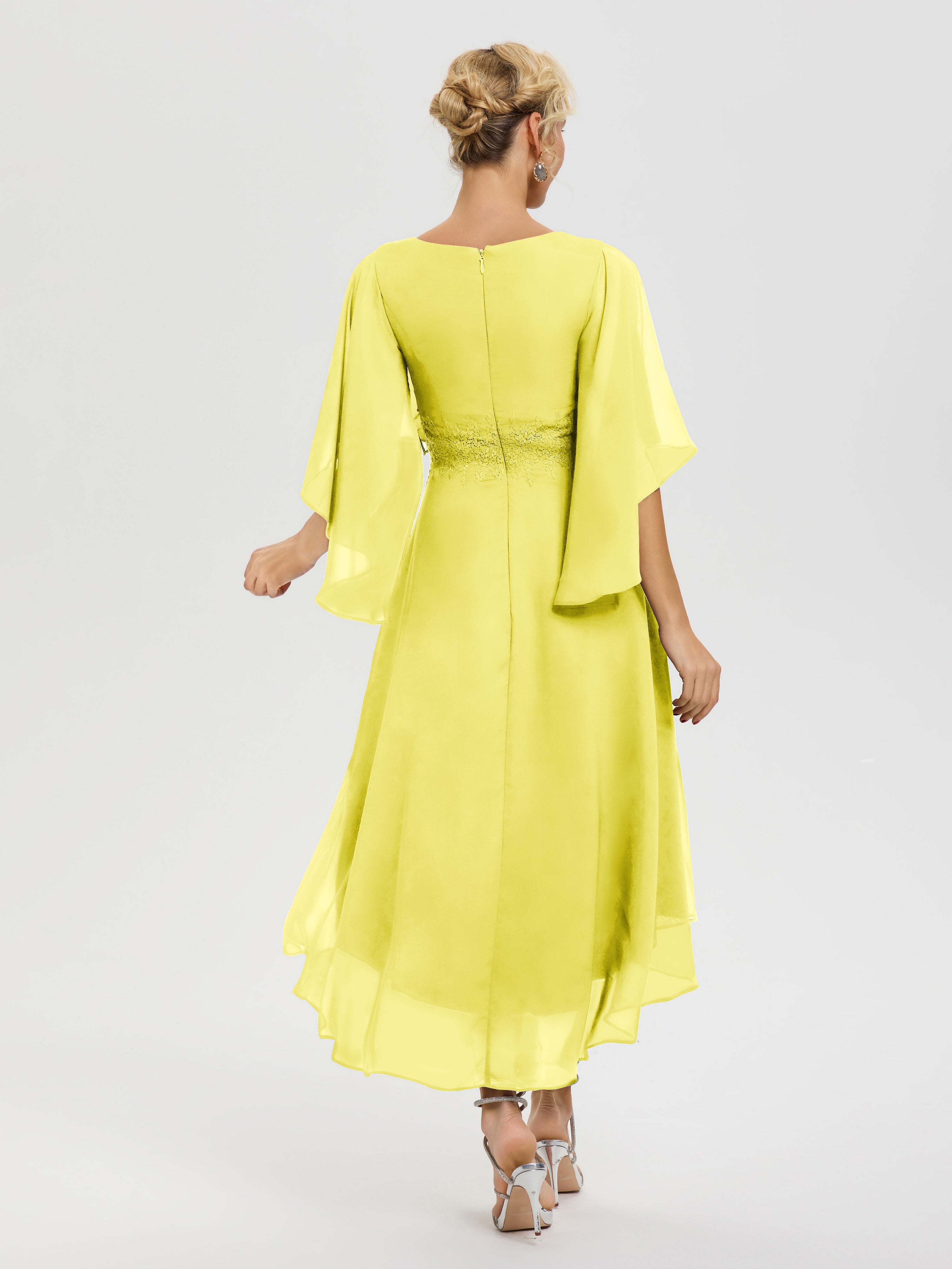 Robe Pour Mère De Mariée Citron Col-V-Mousseline-Dentelle-Manches-Asymetrique-Robe-Pour-Mere-De-Mariee