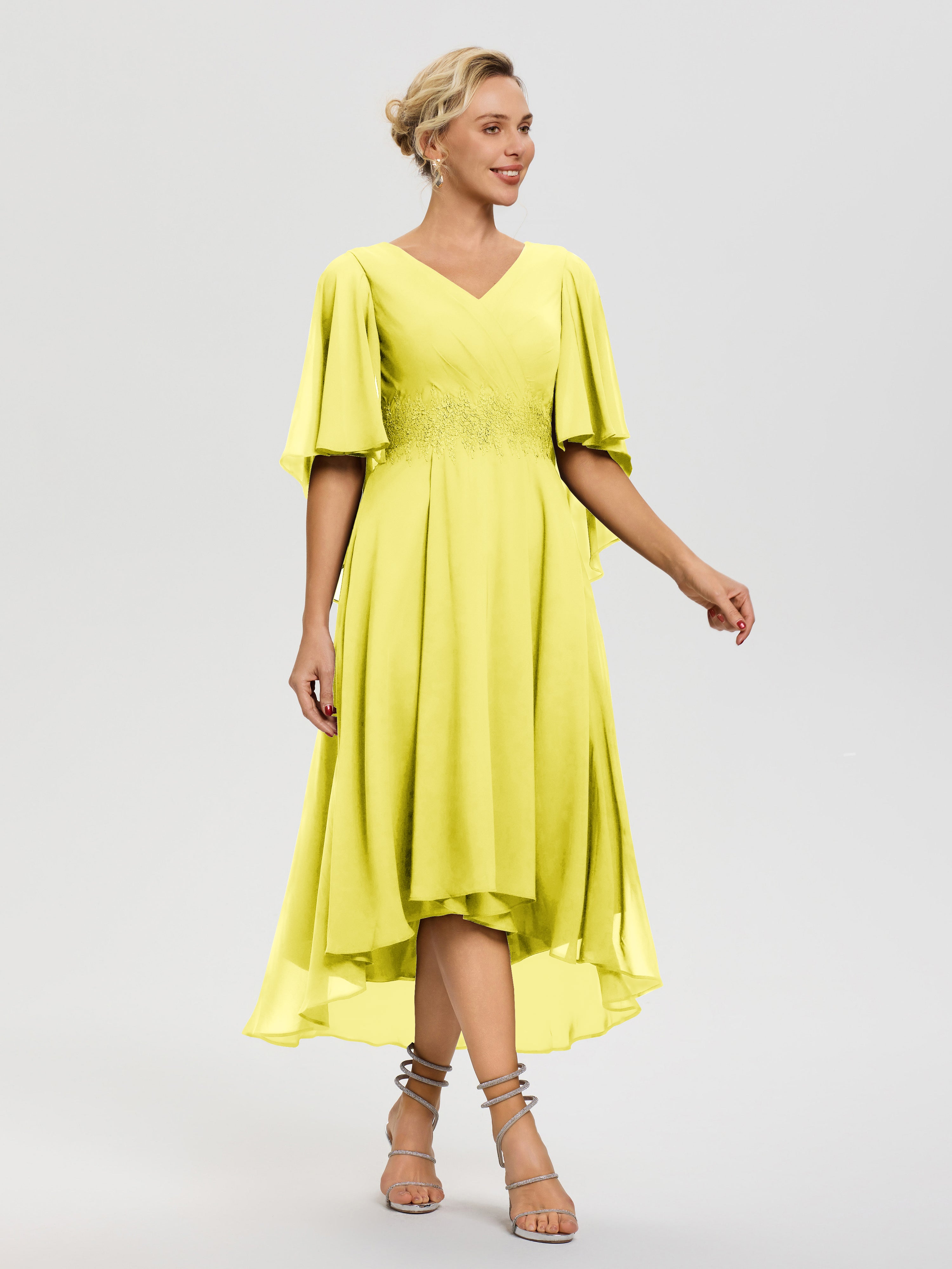 Robe Pour Mère De Mariée Citron Col-V-Mousseline-Dentelle-Manches-Asymetrique-Robe-Pour-Mere-De-Mariee