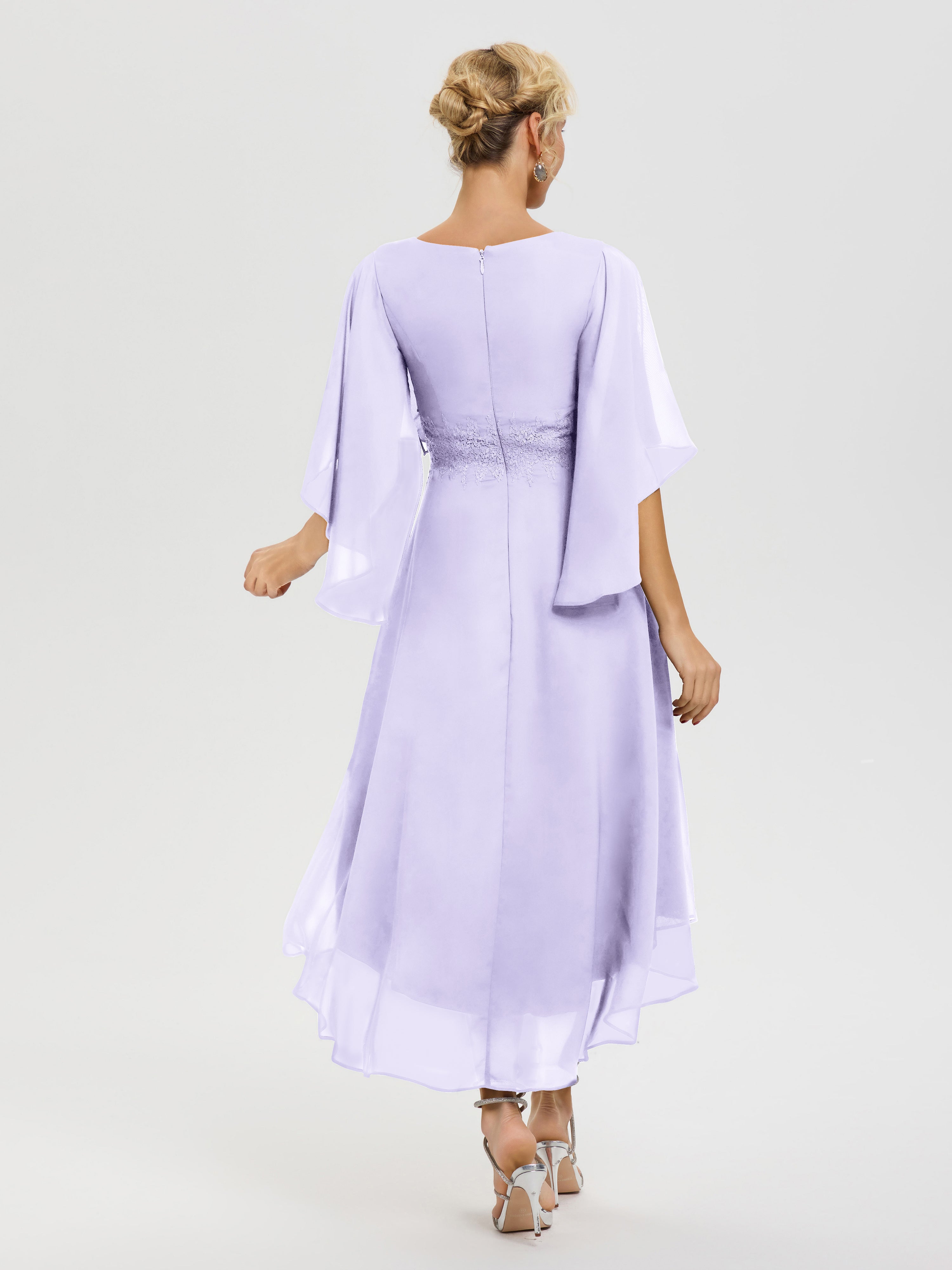 Robe Mère Mariée Lilas Col V Mousseline & Dentelle Manches Asymétrique Robe Pour Mère De Mariée