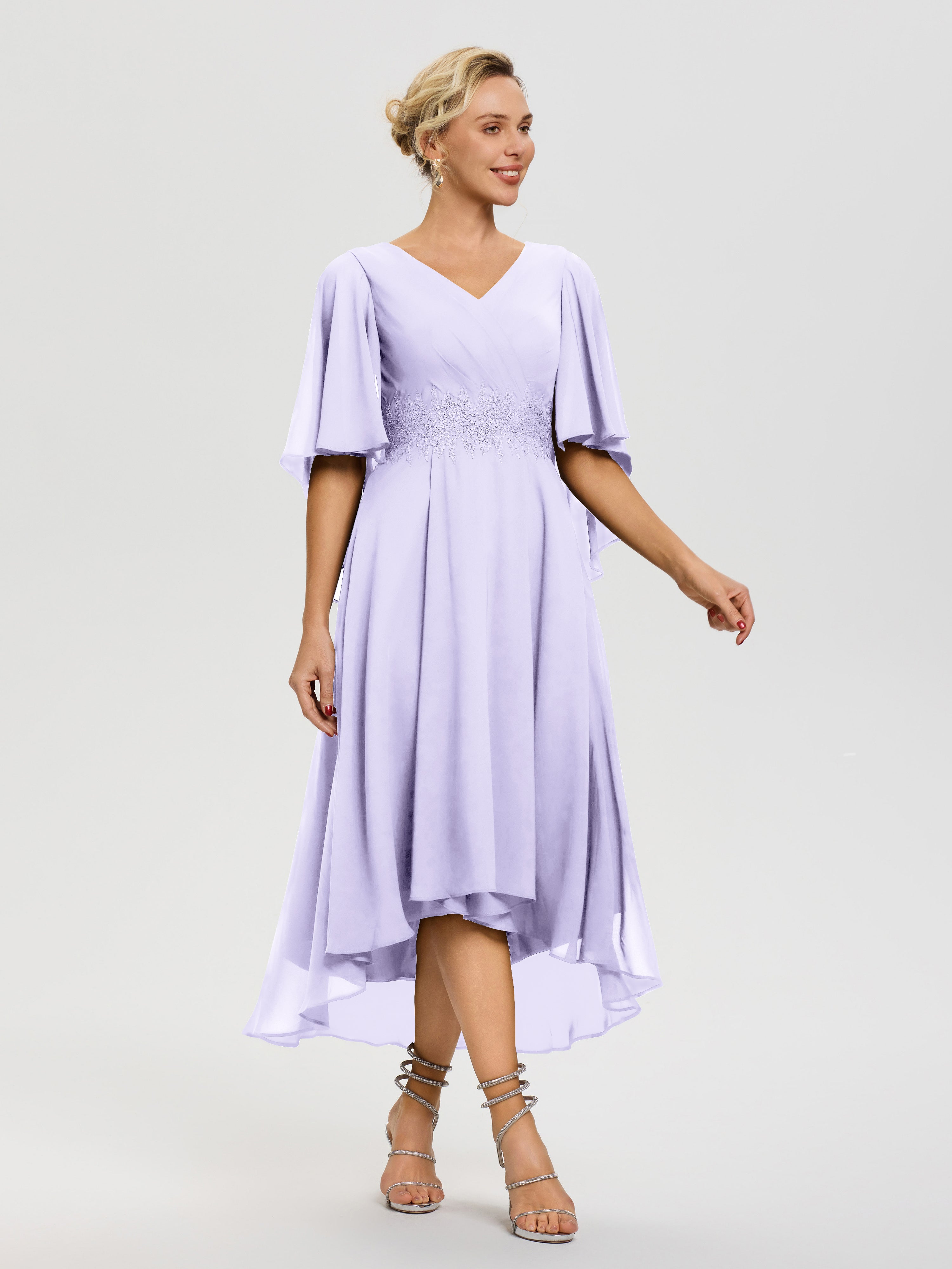 Robe Mère Mariée Lilas Col V Mousseline & Dentelle Manches Asymétrique Robe Pour Mère De Mariée