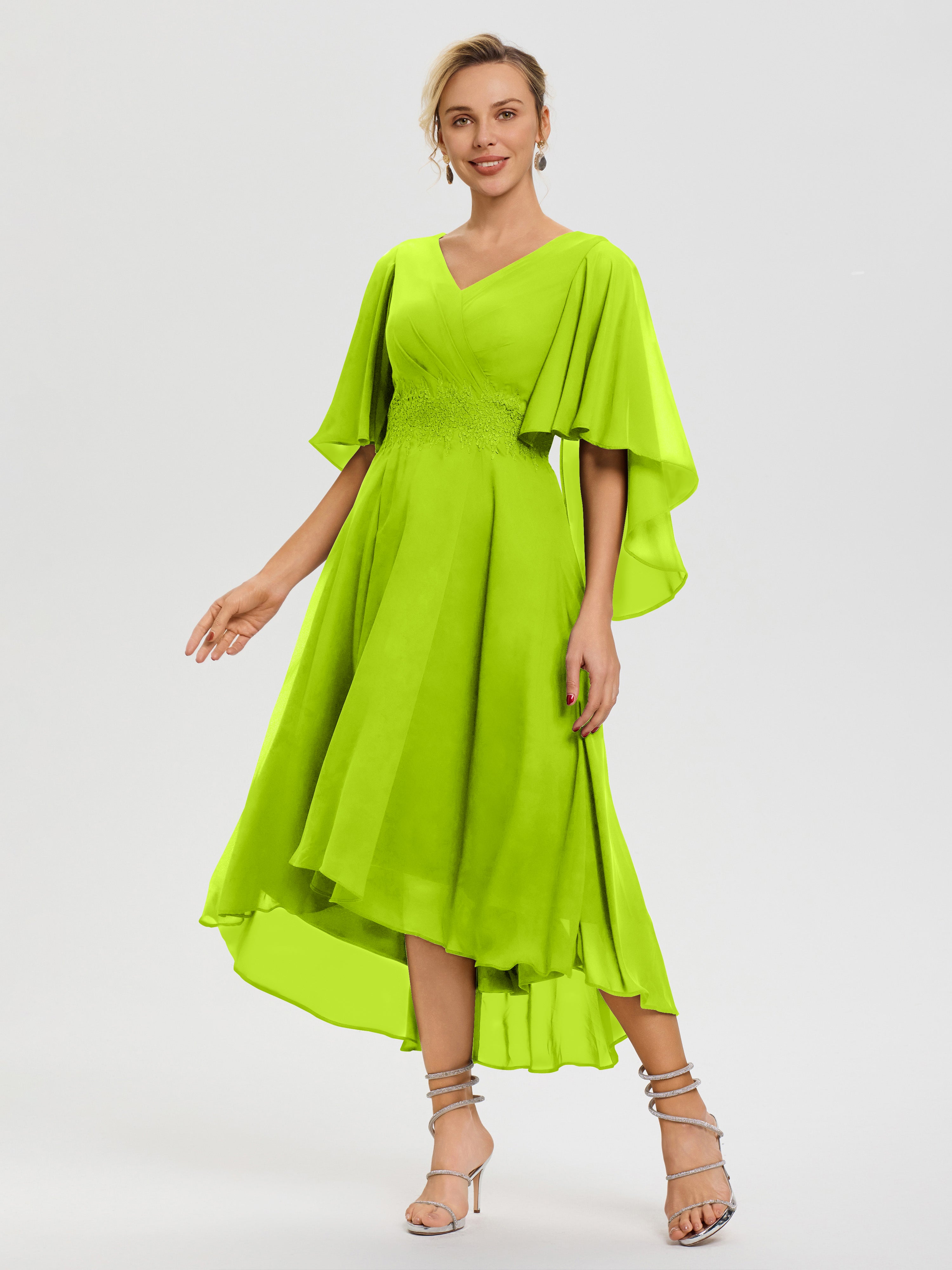 Robe Mere Dela Mariee Vert Citron Col V Mousseline & Dentelle Manches Asymétrique Robe Pour Mère De Mariée