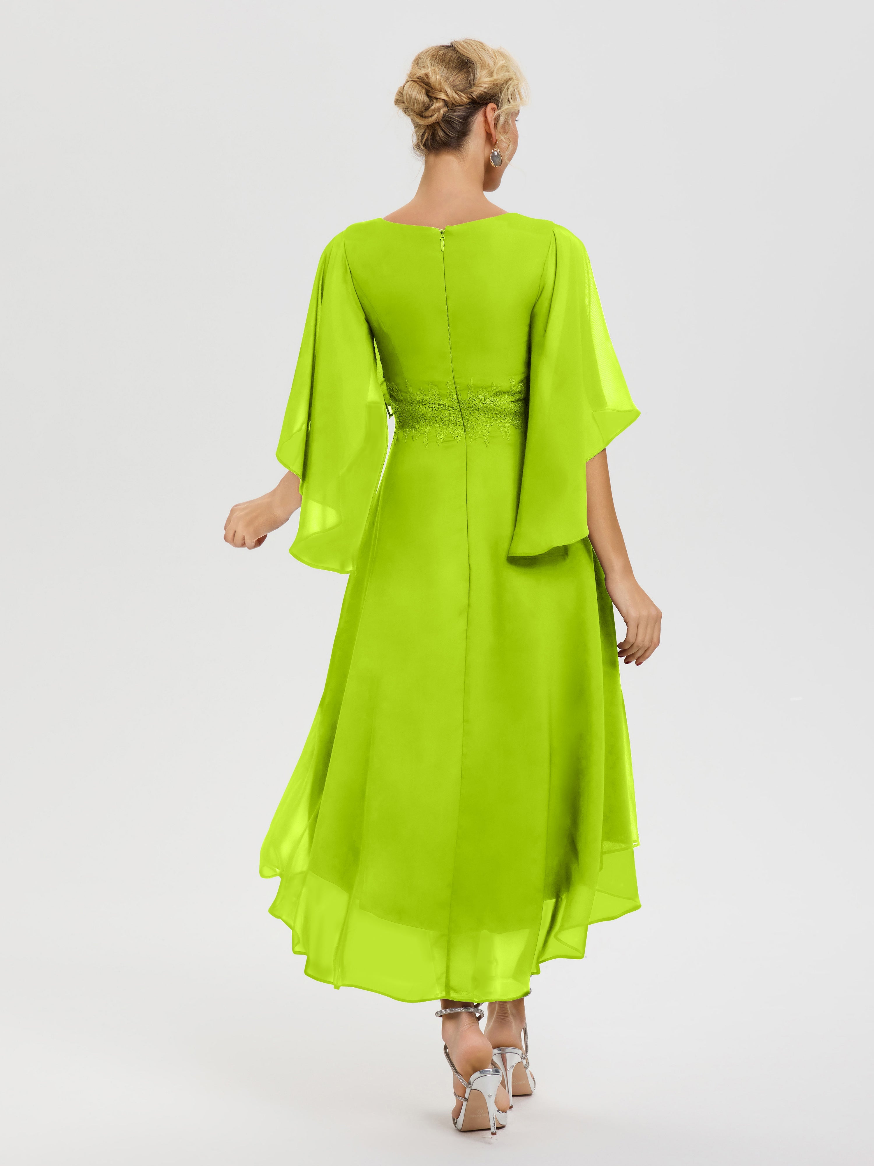 Robe Mere Dela Mariee Vert Citron Col V Mousseline & Dentelle Manches Asymétrique Robe Pour Mère De Mariée