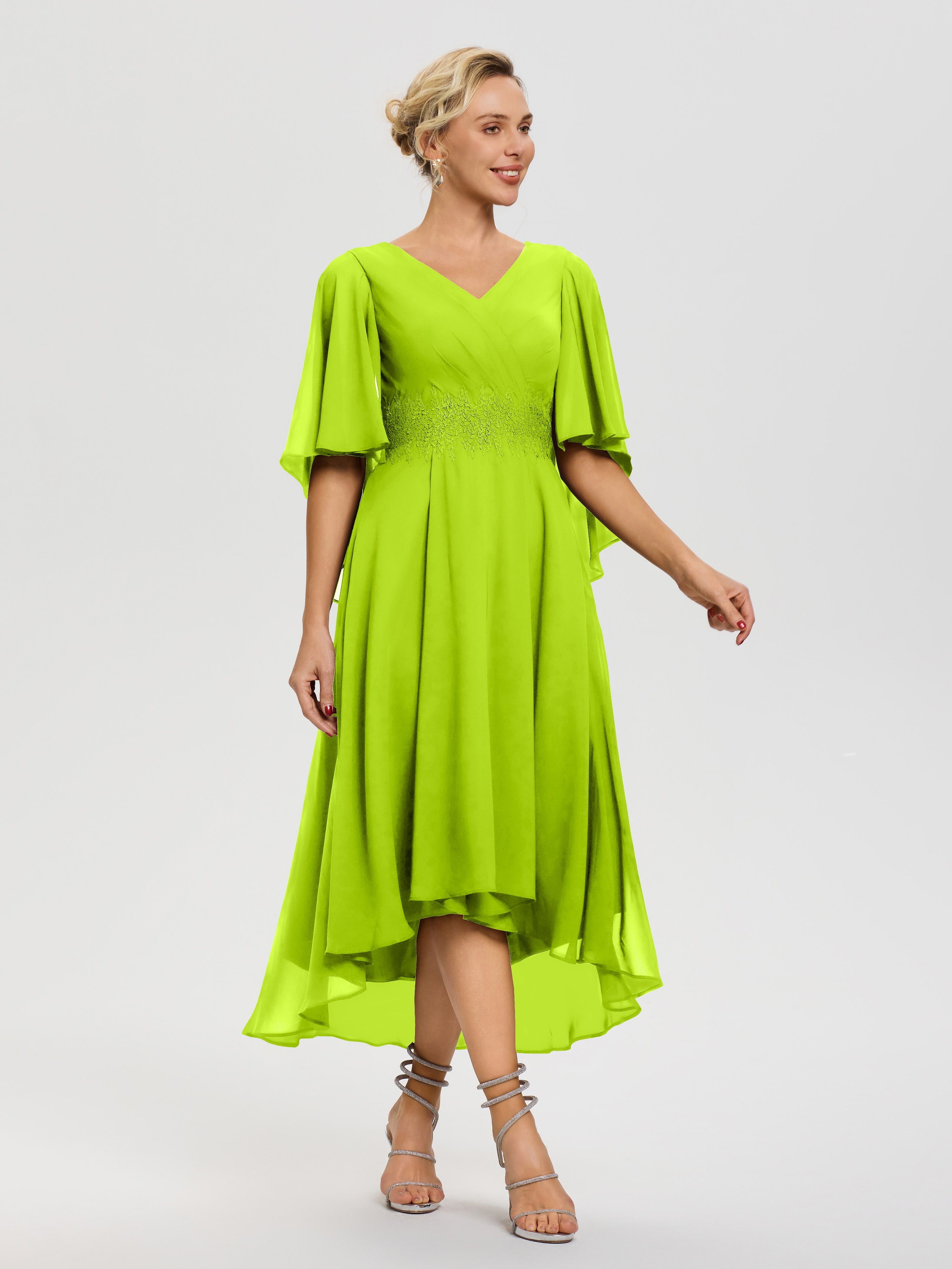 Robe Mere Dela Mariee Vert Citron Col V Mousseline & Dentelle Manches Asymétrique Robe Pour Mère De Mariée