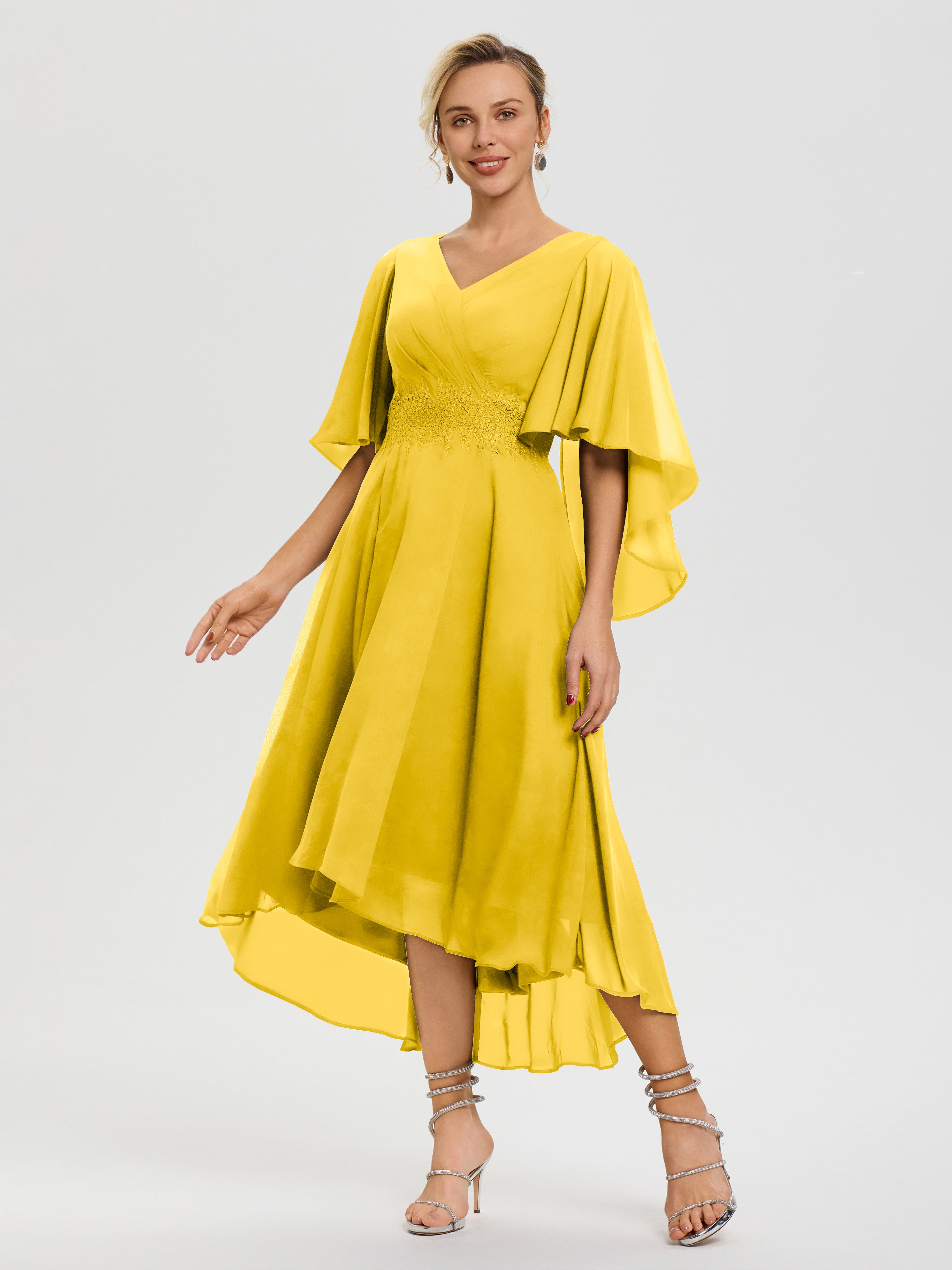 Robe Pour Mère De Mariée Souci Col V Mousseline & Dentelle Manches Asymétrique Robe Pour Mère De Mariée