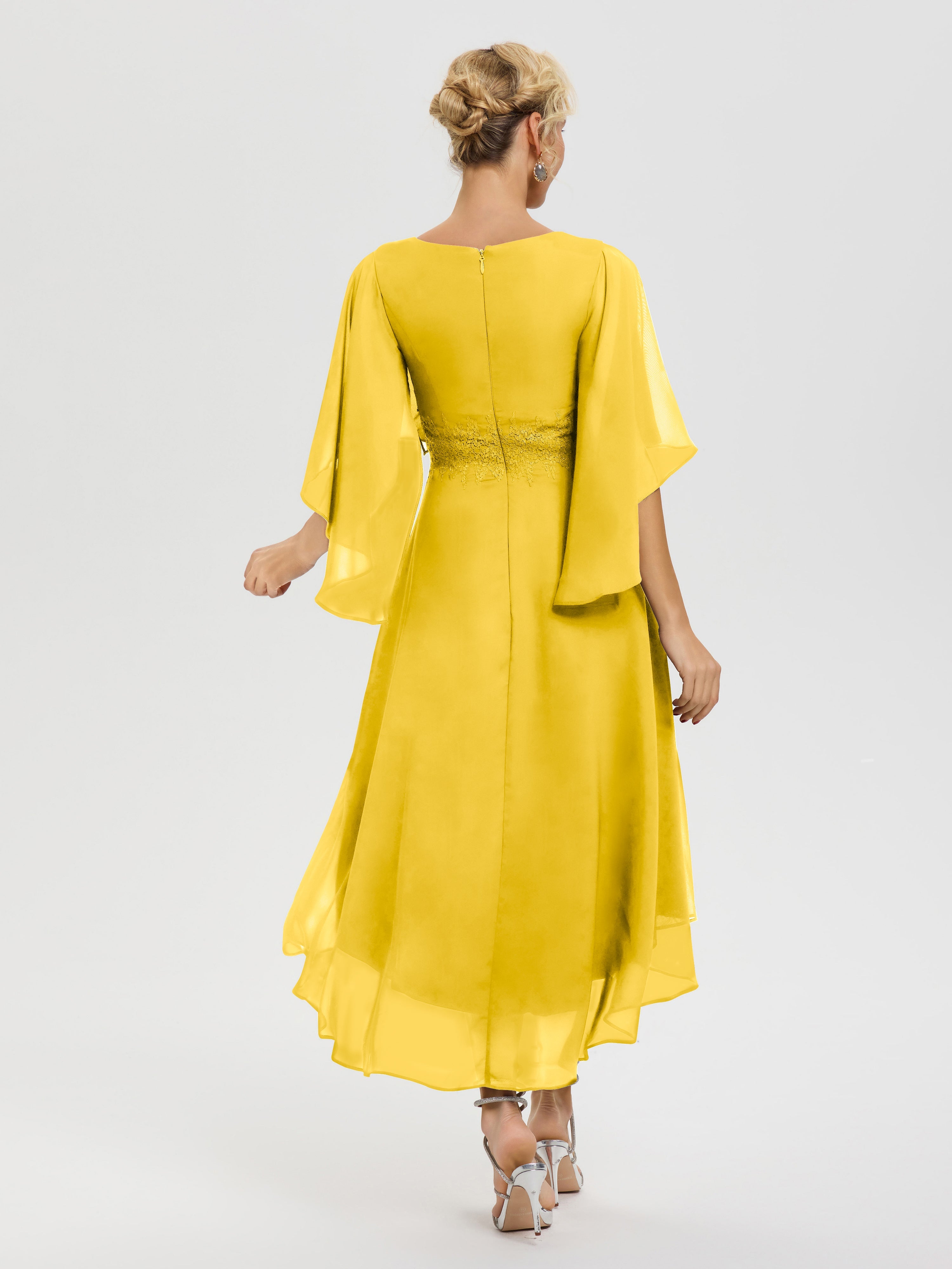 Robe Pour Mère De Mariée Souci Col V Mousseline & Dentelle Manches Asymétrique Robe Pour Mère De Mariée