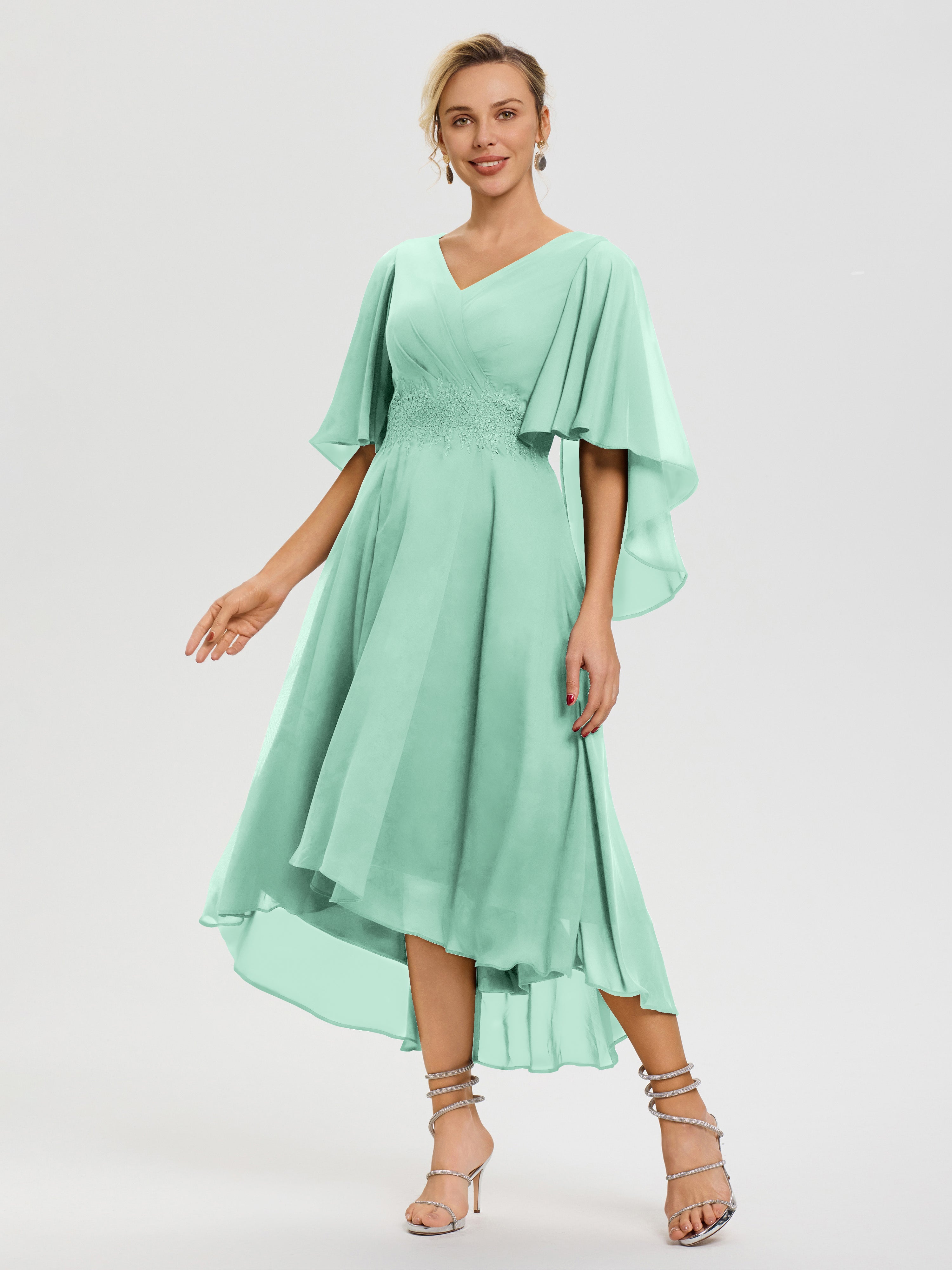 Robe De Cérémonie Mère Du Marié Vert Menthe Col V Mousseline & Dentelle Manches Asymétrique Robe Pour Mère De Mariée