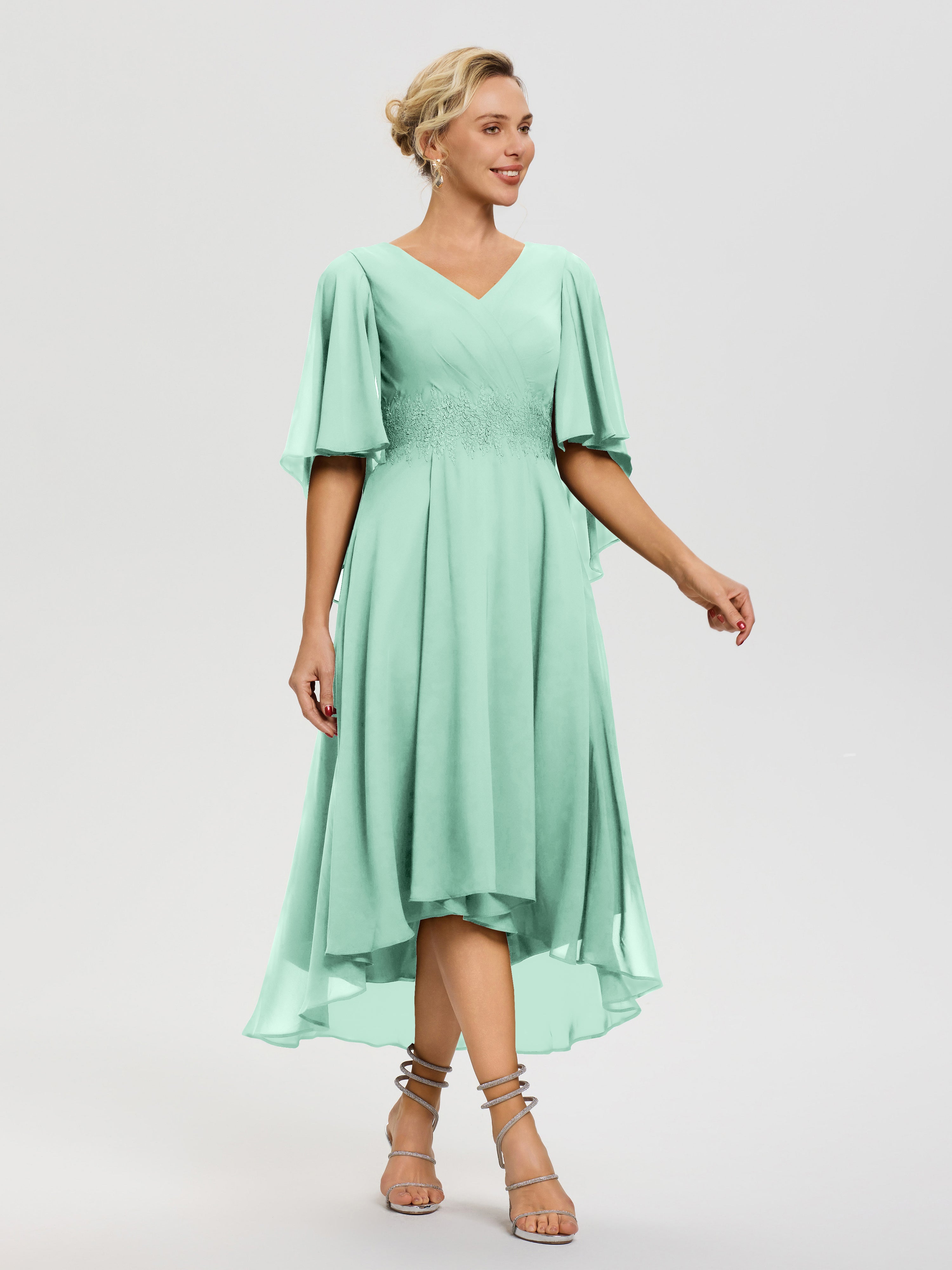 Robe De Cérémonie Mère Du Marié Vert Menthe Col V Mousseline & Dentelle Manches Asymétrique Robe Pour Mère De Mariée
