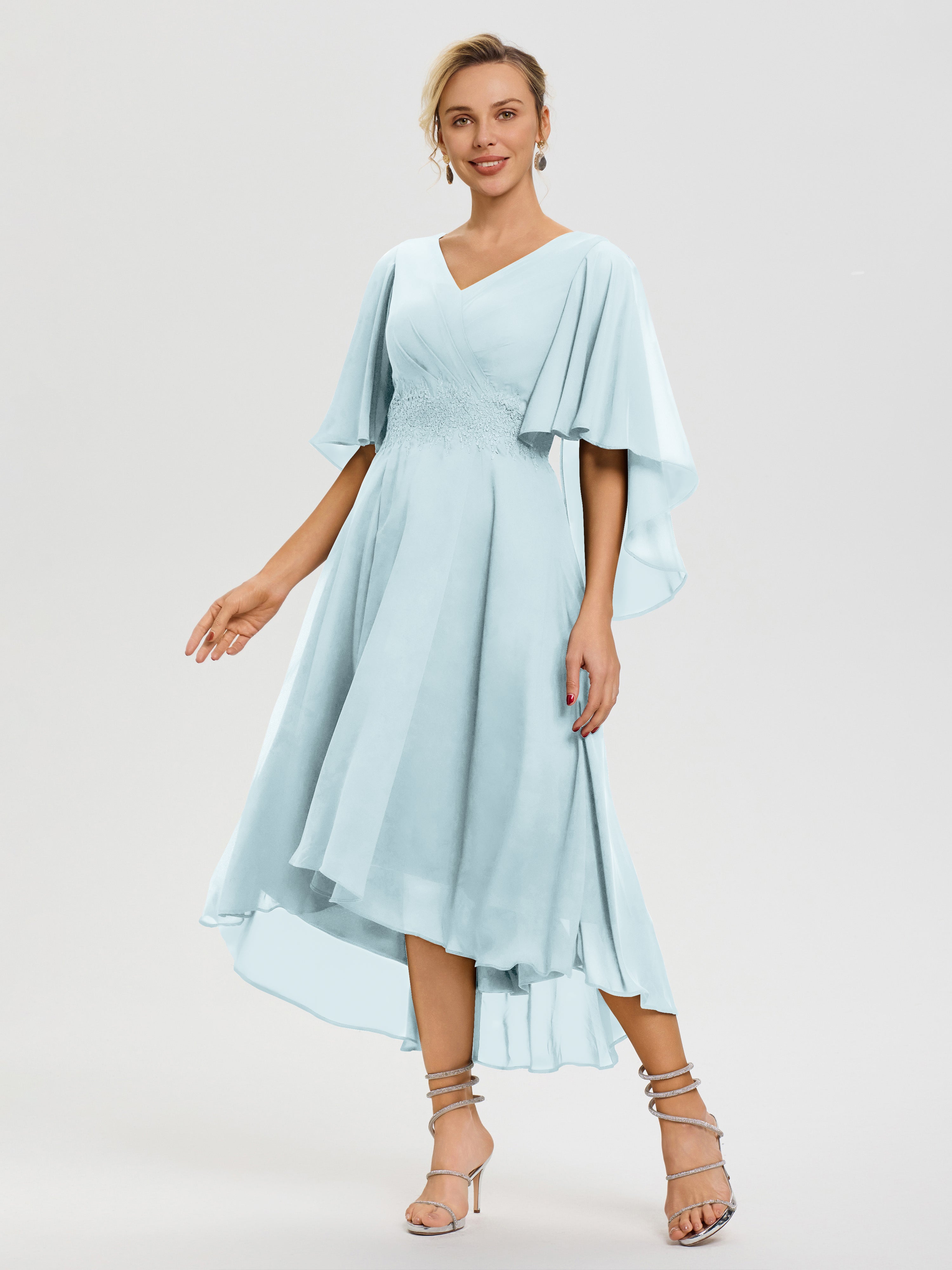Robe Pour Mère De Mariée Brume Col-V-Mousseline-Dentelle-Manches-Asymetrique-Robe-Pour-Mere-De-Mariee
