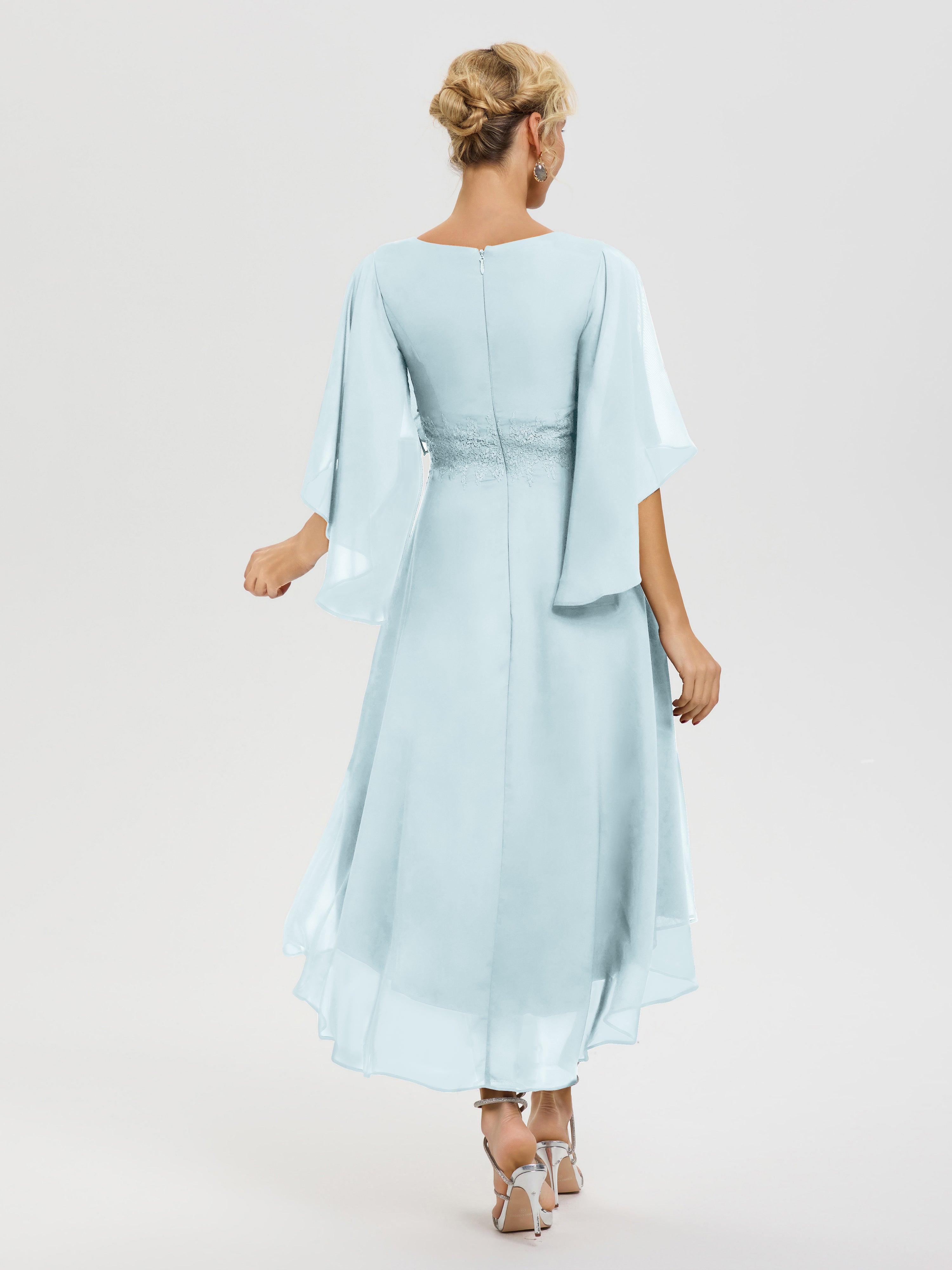 Robe Pour Mère De Mariée Brume Col-V-Mousseline-Dentelle-Manches-Asymetrique-Robe-Pour-Mere-De-Mariee