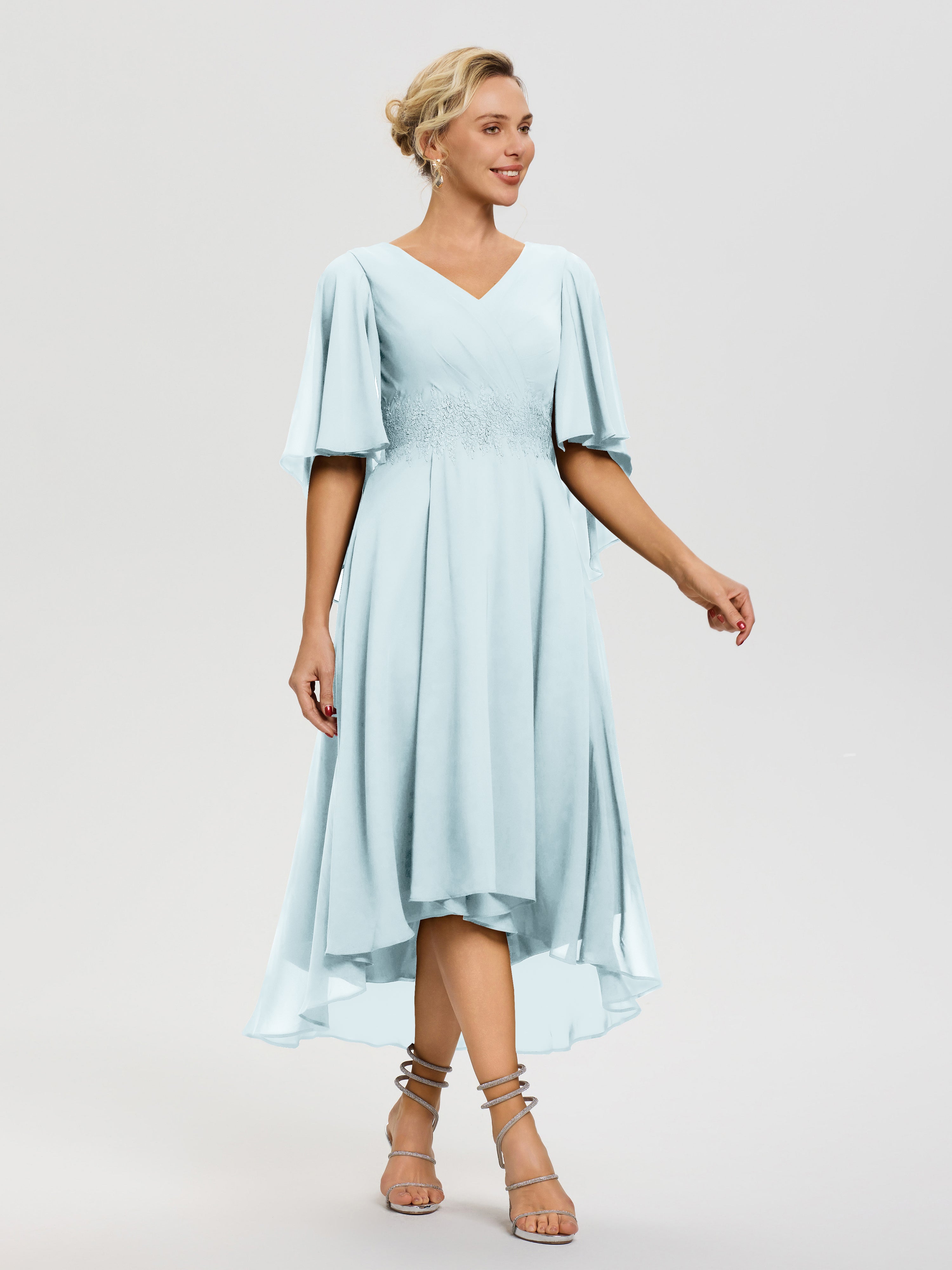 Robe Pour Mère De Mariée Brume Col-V-Mousseline-Dentelle-Manches-Asymetrique-Robe-Pour-Mere-De-Mariee
